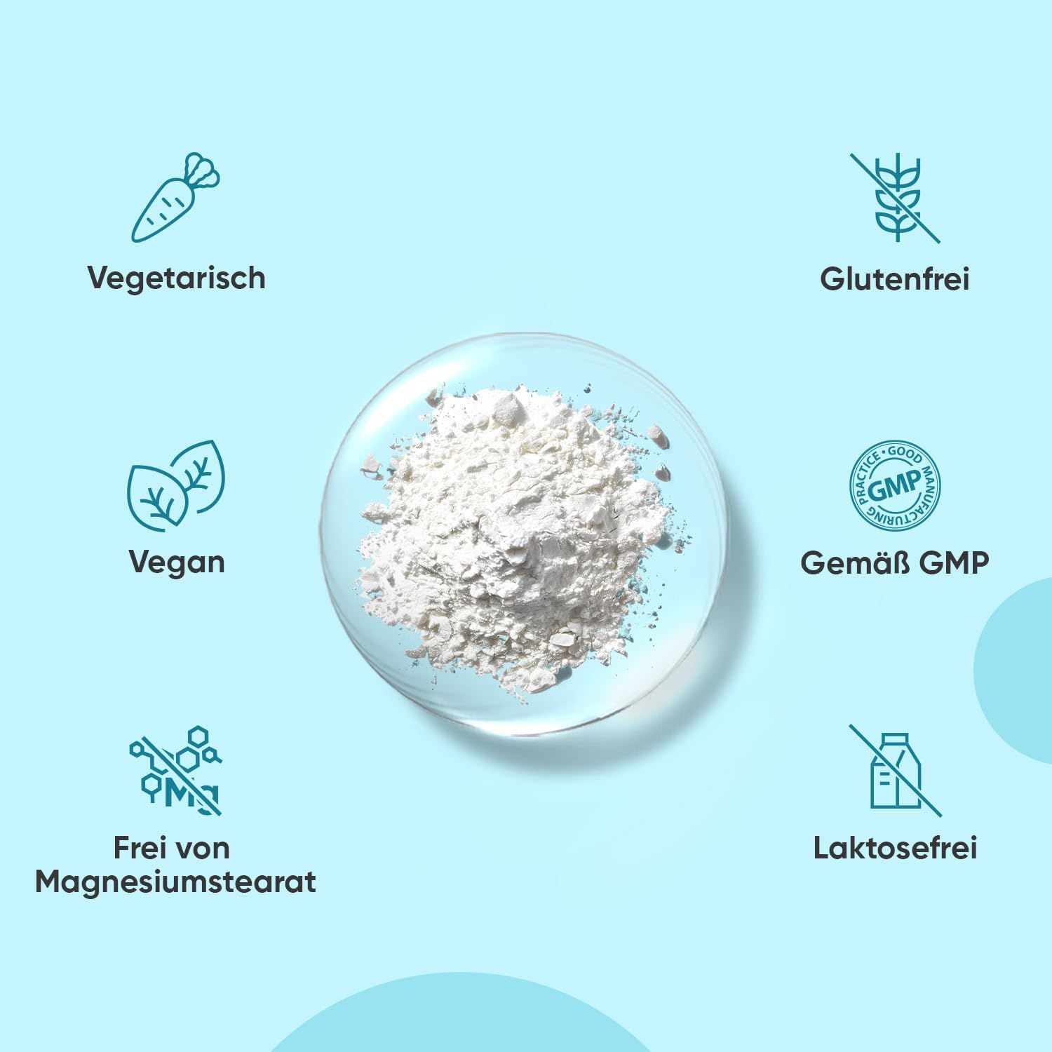 Pulver mit Symbolen: Vegetarisch, vegan, ohne Magnesiumstearat, glutenfrei, GMP-zertifiziert, laktosefrei.