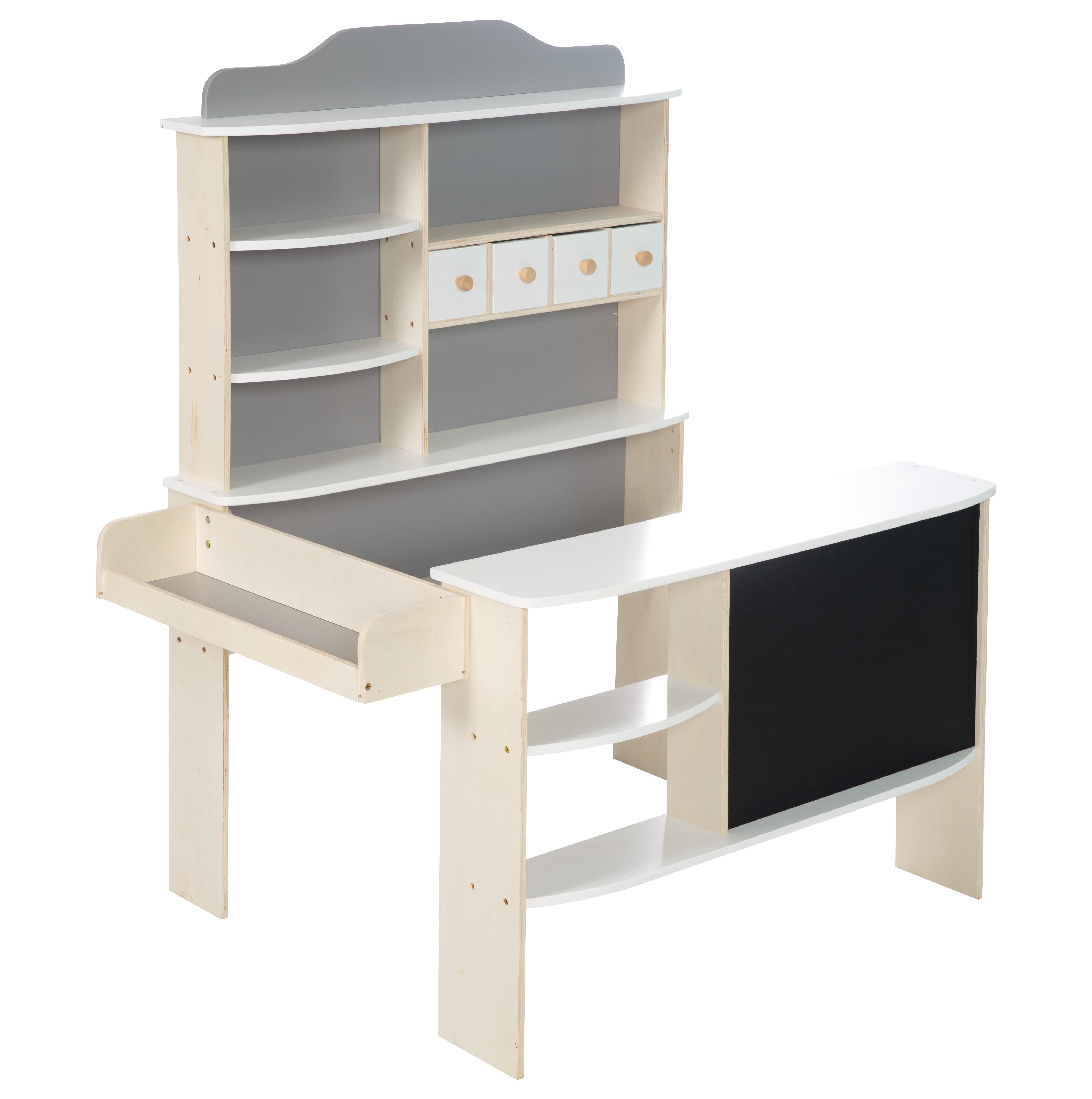 Spielzeug-Verkaufsstand aus Holz mit Regalen, Schubladen und einer Tafel. Ohne Zubehör oder Spielzeug.
