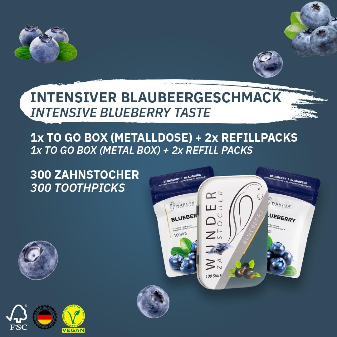Metallbox und Nachfüllpackungen mit Zahnstochern. Blaubeeren-Illustrationen. 300 Zahnstocher. FSC, Vegan-Siegel.
