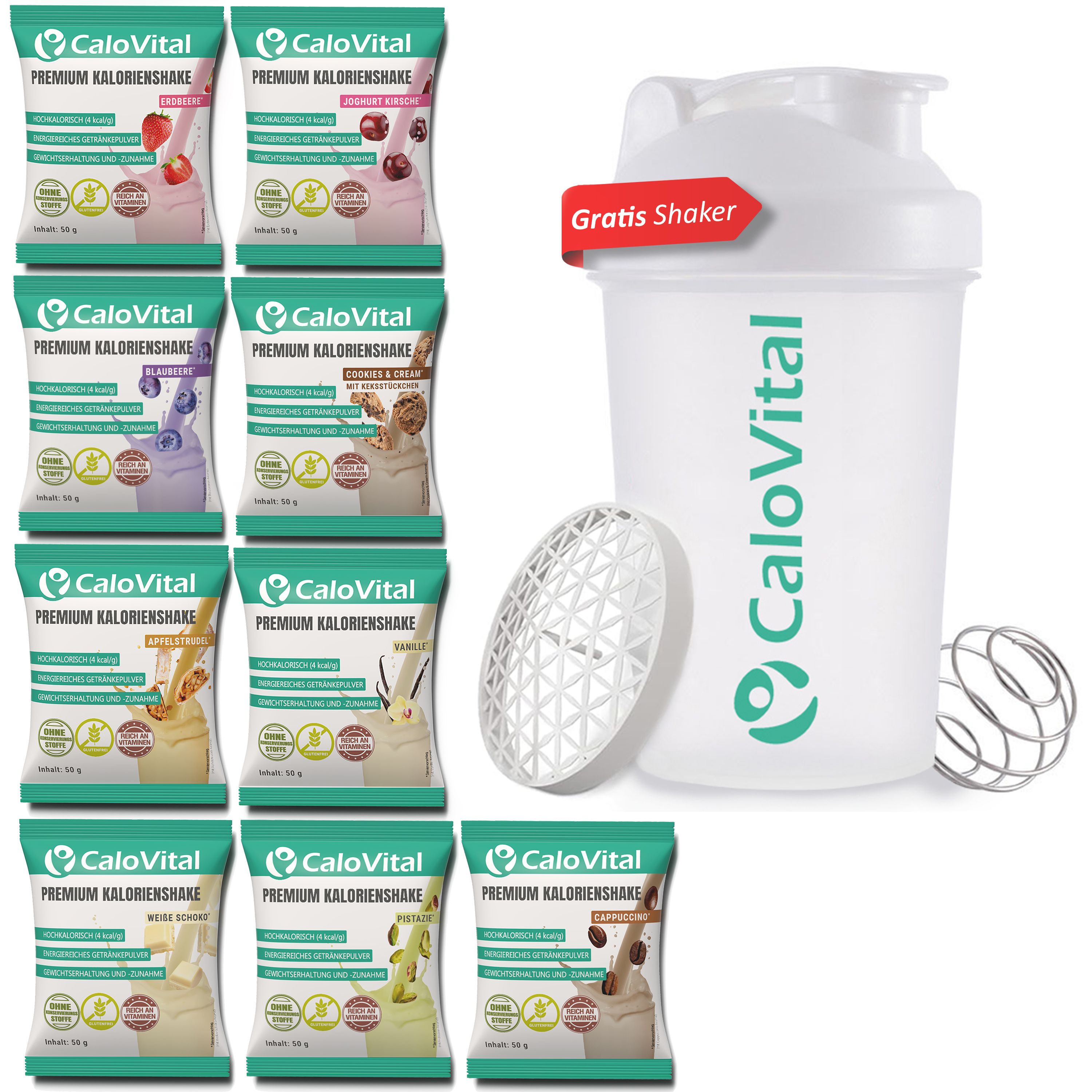 Neun Beutel CaloVital Premium Kalorienshake in verschiedenen Geschmacksrichtungen. Dazu ein Shaker mit "Gratis Shaker" Aufkleber.