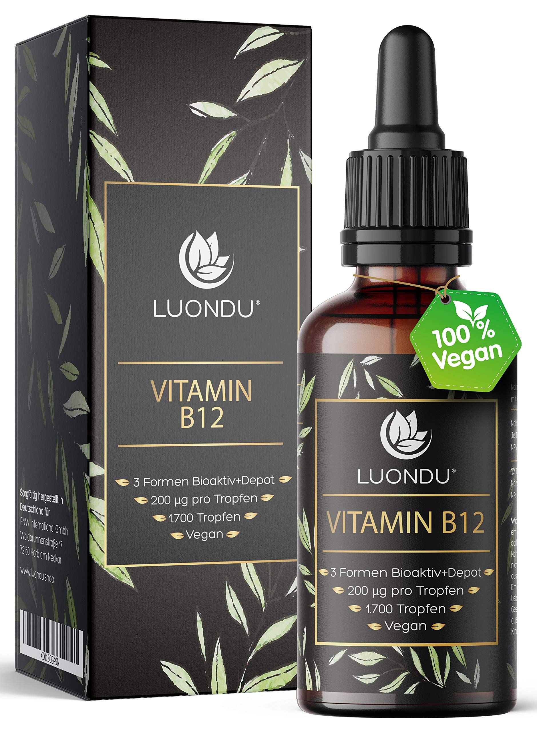 Braune Glasflasche mit Tropfer und Verpackung. Aufschrift: Luondu Vitamin B12, 200 µg pro Tropfen, vegan. Grün-weißes Vegan-Siegel.