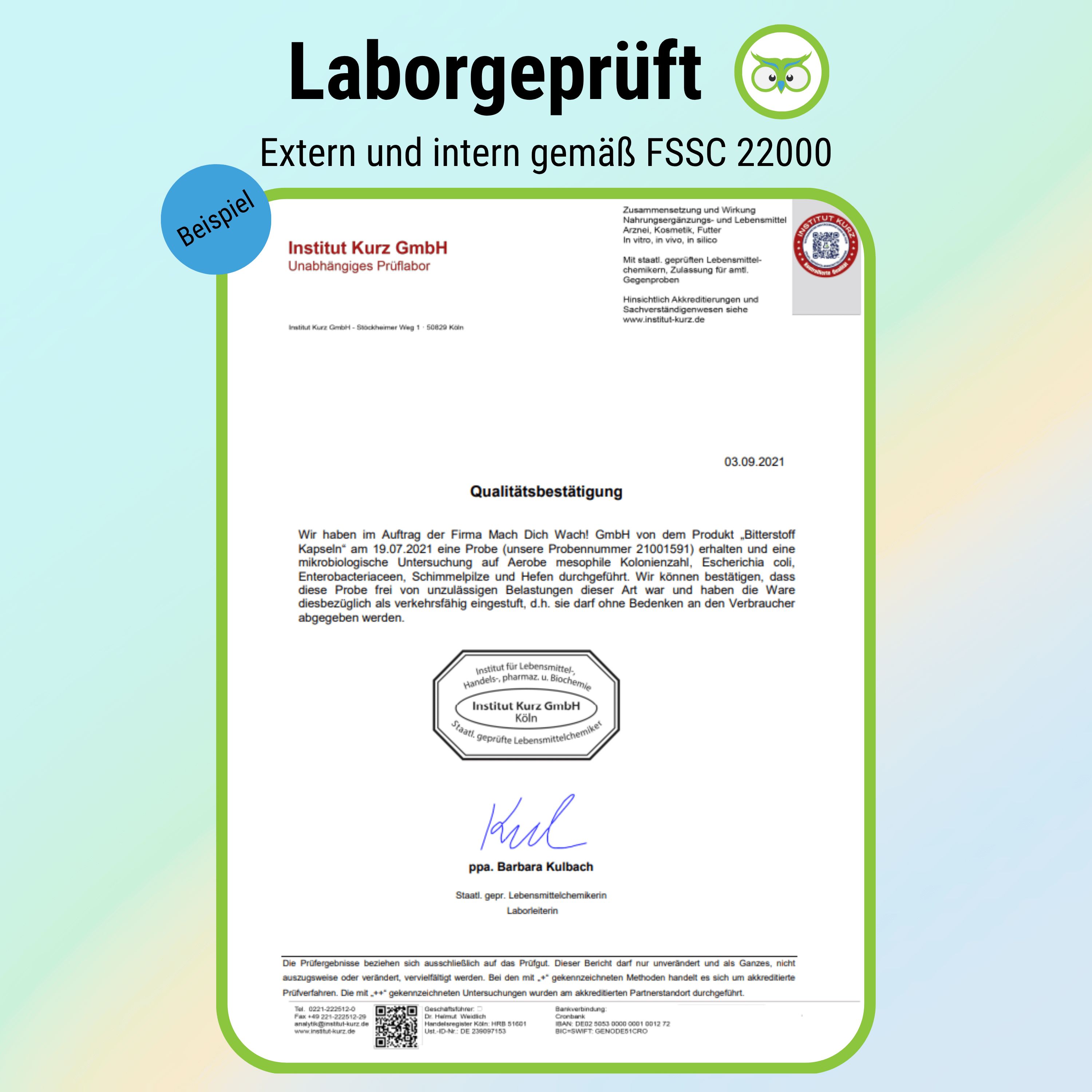 Zertifizierungsdokument, Laborgeprüft. Institut Kurz GmbH. FSSC 22000. Unterschrift.