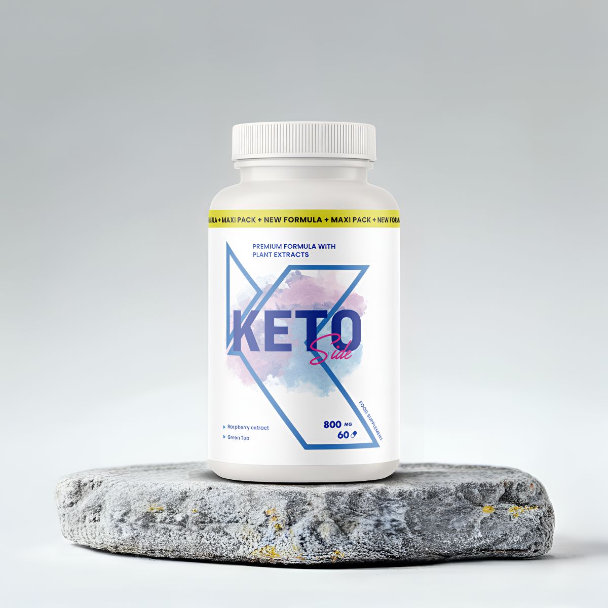 Weiße Flasche KETO Side auf Stein. Enthält 60 Kapseln. Aufschrift: Premiumformel mit Pflanzenextrakten. 800 mg.