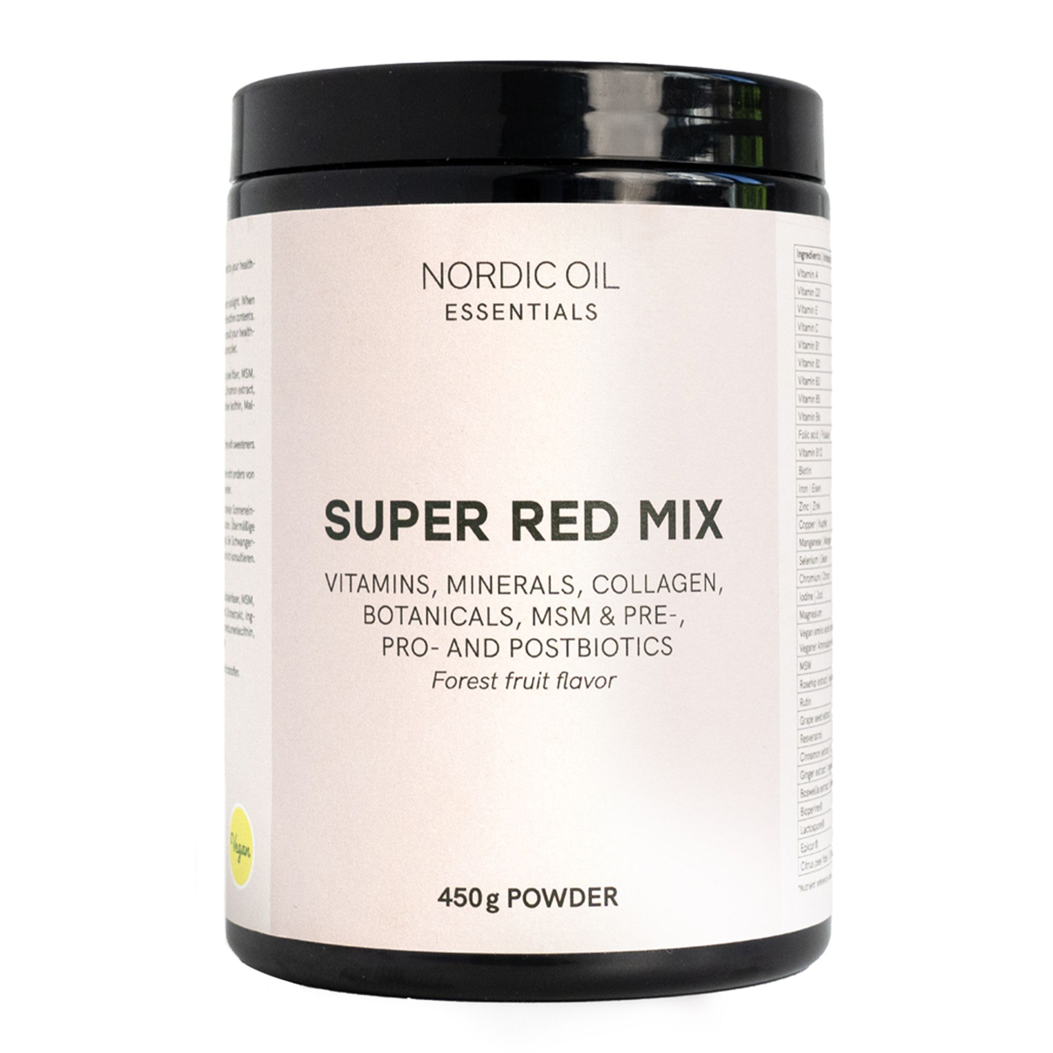 Behälter mit "Nordic Oil Essentials Super Red Mix". Enthält Vitamine, Mineralien, Kollagen, Botanicals, MSM & Pre-, Pro- und Postbiotika. 450g Pulver.
