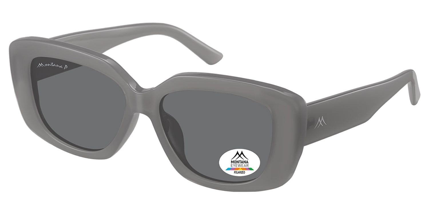 Graue Sonnenbrille, rechteckige Gläser, Montana Eyewear Logo und Polarisations-Aufkleber. Perspektivische Ansicht.