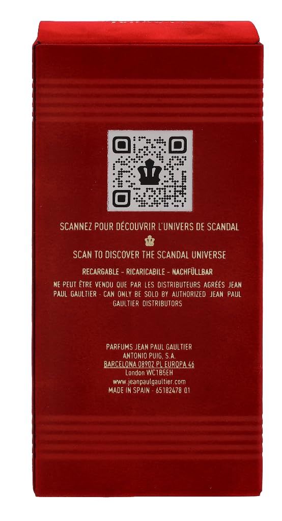 Rote Verpackung mit QR-Code und Text. Enthält Informationen zu Nachfüllbarkeit und Vertrieb.