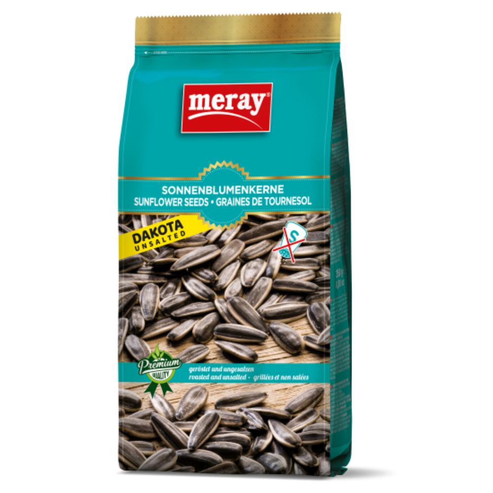 Verpackung mit Sonnenblumenkernen. Aufschrift: MERAY, Sonnenblumenkerne, Dakota, ungesalzen. Premium-Qualität.