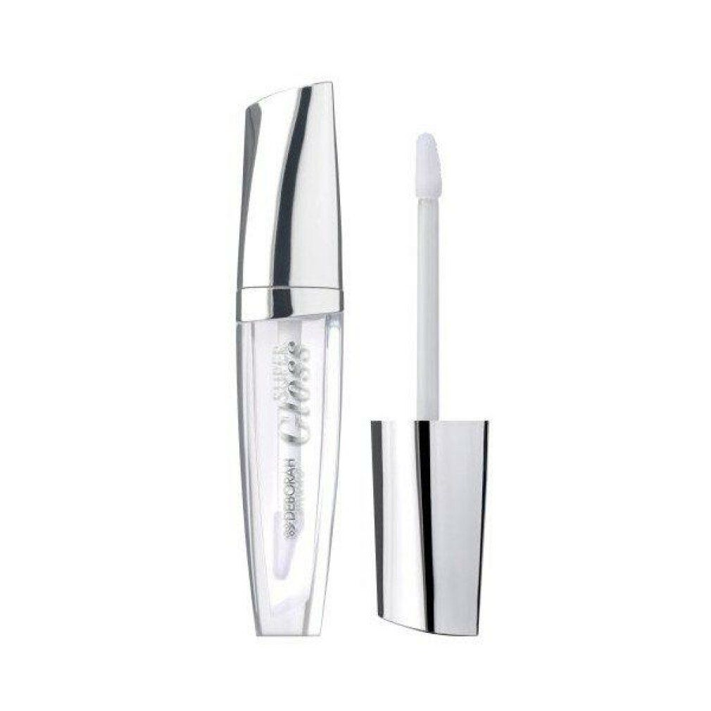 Transparenter Lipgloss. Transparente Flasche mit silberfarbenem Deckel. Aufschrift: Super Gloss, Deborah Milano.