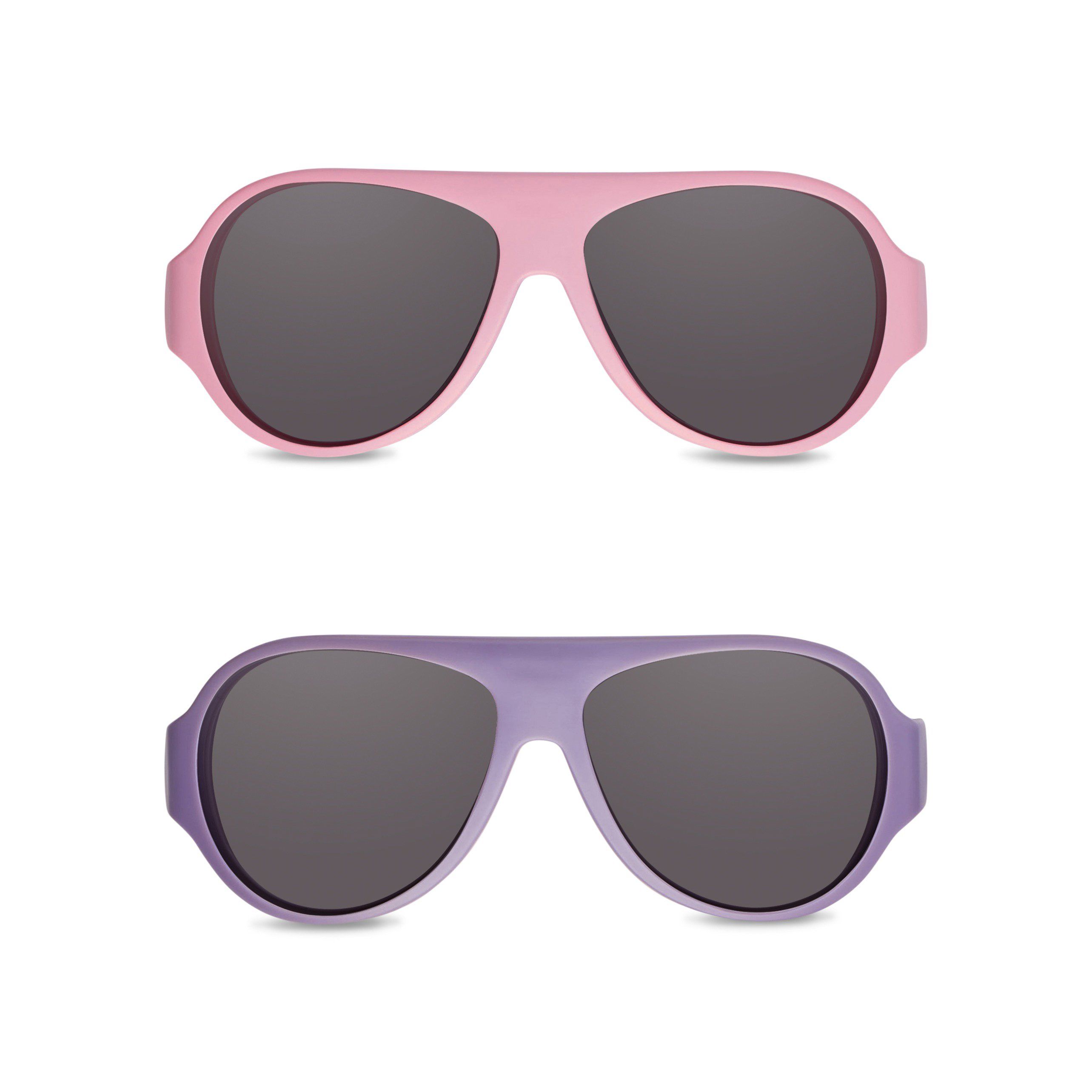 Zwei Sonnenbrillen, eine rosa und eine lila, mit dunklen Gläsern. Aviator-Form.
