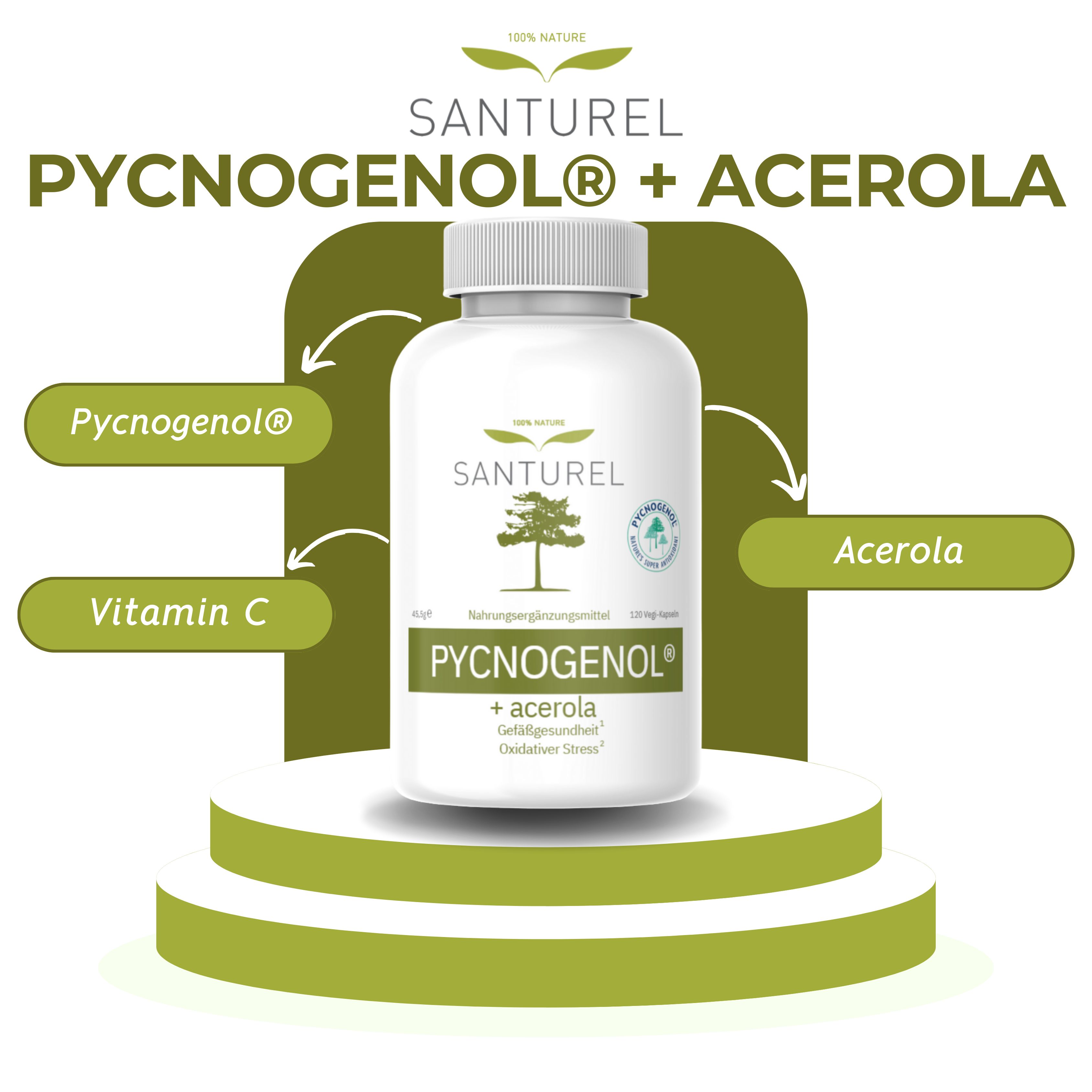 Santurel Pycnogenol® + Acerola Flasche. Pycnogenol®, Acerola und Vitamin C. Auf Podest.