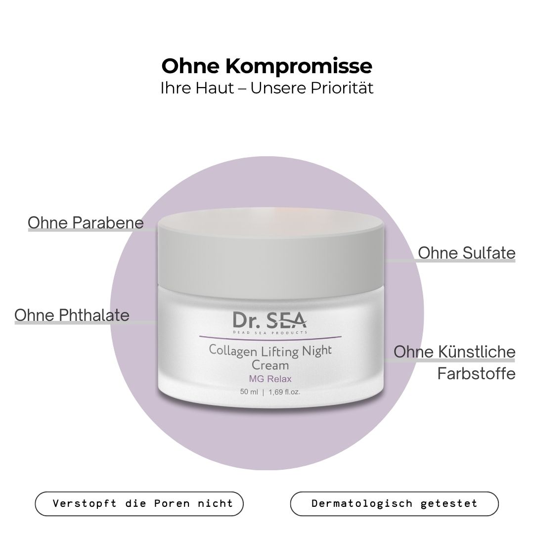 Creme-Tiegel mit Text: Dr. Sea, Collagen Lifting Night Cream, MG Relax, 50 ml. Text: Ohne Parabene, Sulfate, Phthalate, künstliche Farbstoffe.