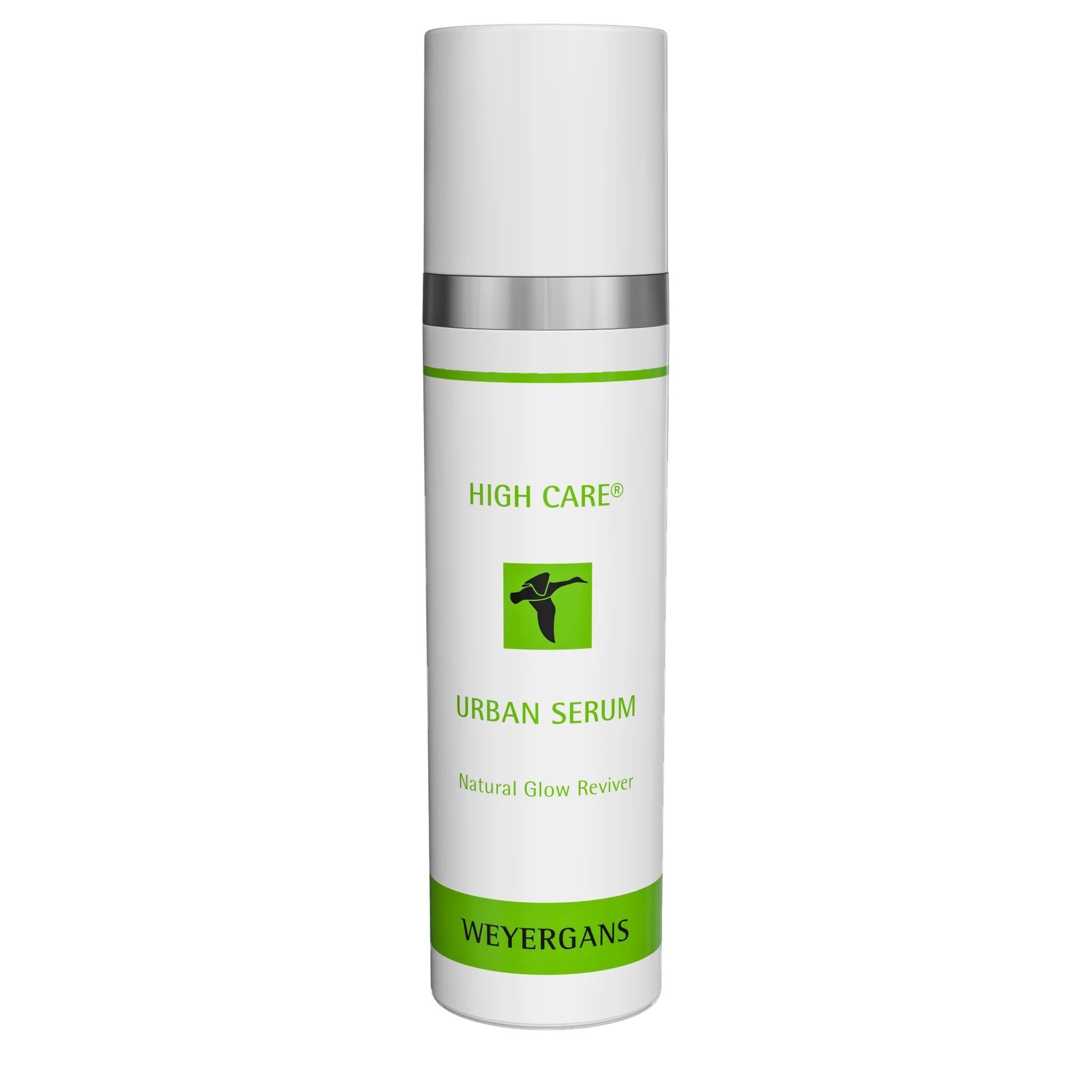 Weißer Serum-Spender mit grünem und silbernem Design. Beschriftung: HIGH CARE, URBAN SERUM, WEYERGANS.