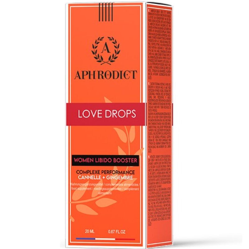Orangefarbene Verpackung mit Schriftzug APHRODICT LOVE DROPS. WOMEN LIBIDO BOOSTER. 20 ml.