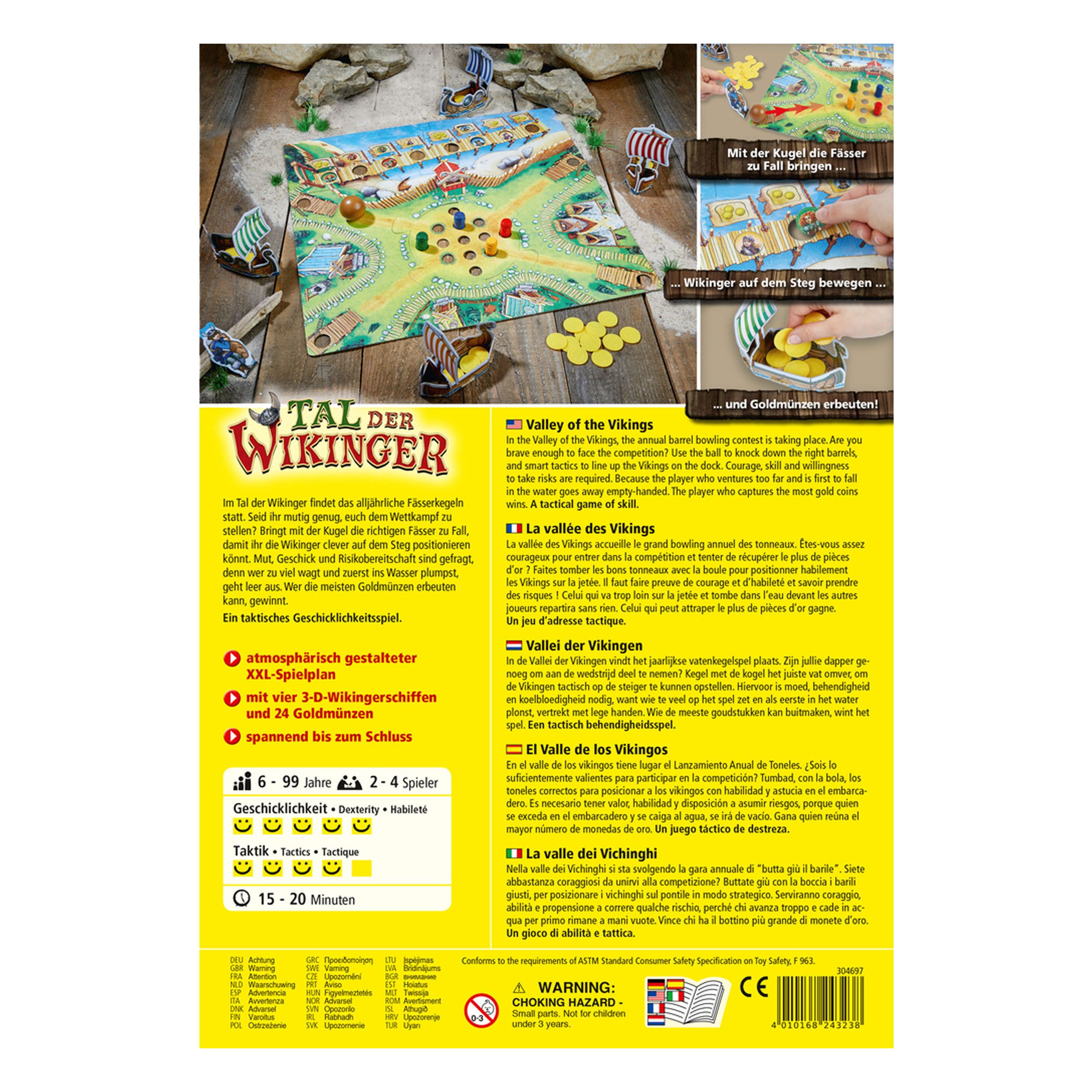 Rückseite der Spielverpackung. Text in Deutsch, Englisch, Französisch, Italienisch und Niederländisch. Warnhinweis.
