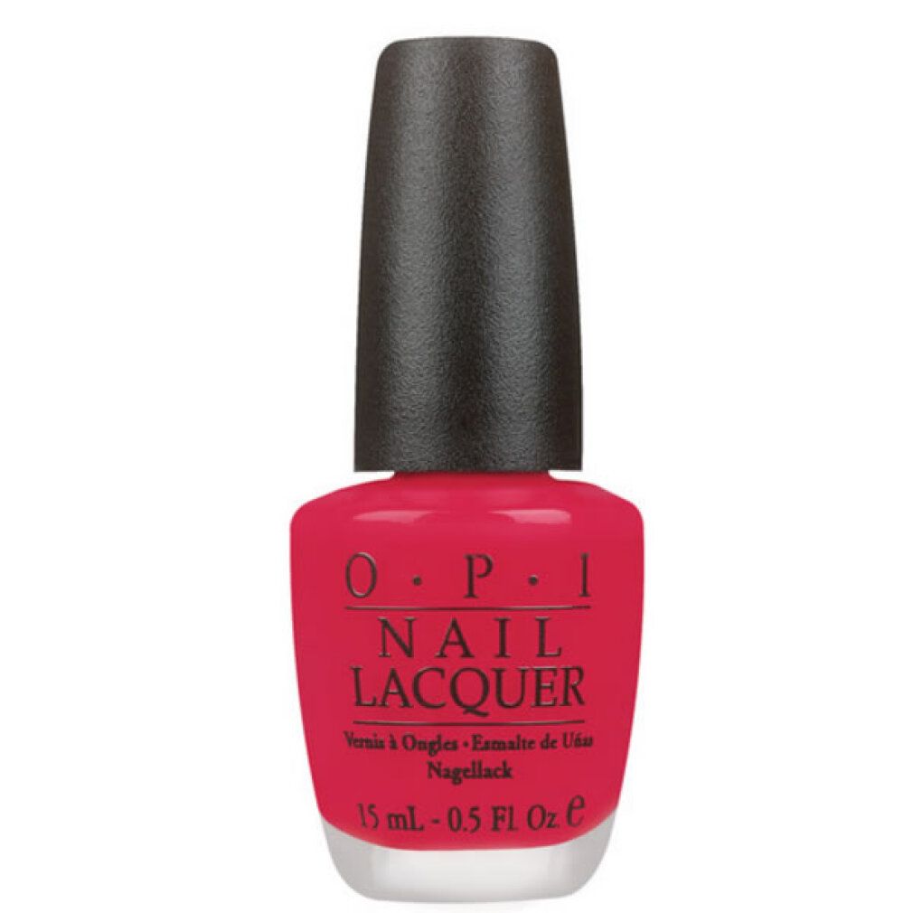 Nagellackflasche mit rosa Inhalt und schwarzem Deckel. OPI Nail Lacquer, 15 ml, ist auf dem Etikett zu sehen.