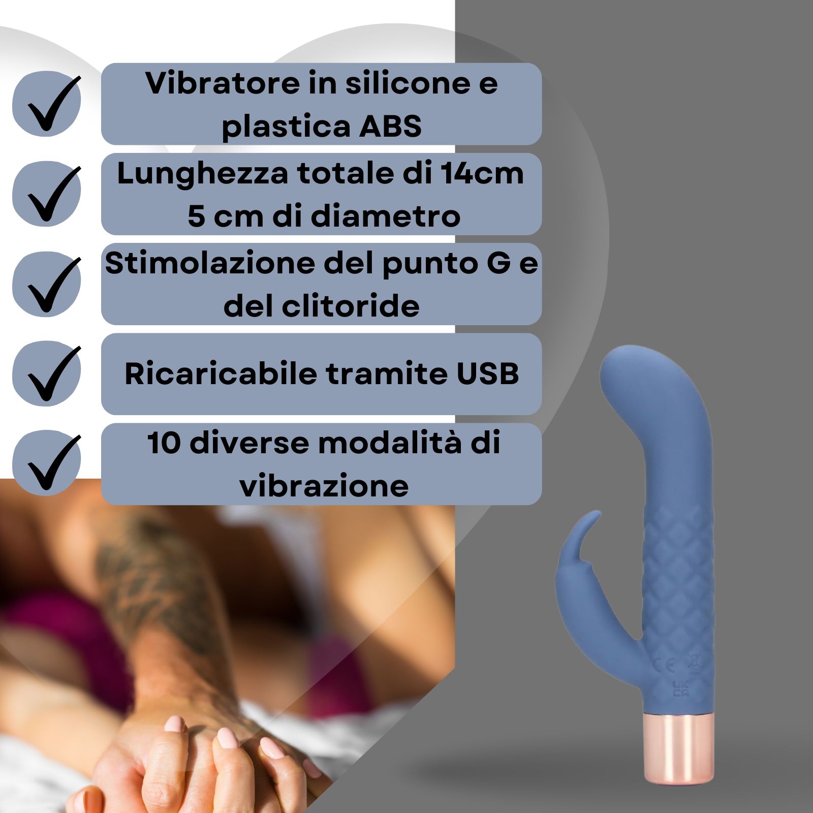 Vibratore in silicone blu con base oro rosa. Testo con caratteristiche.