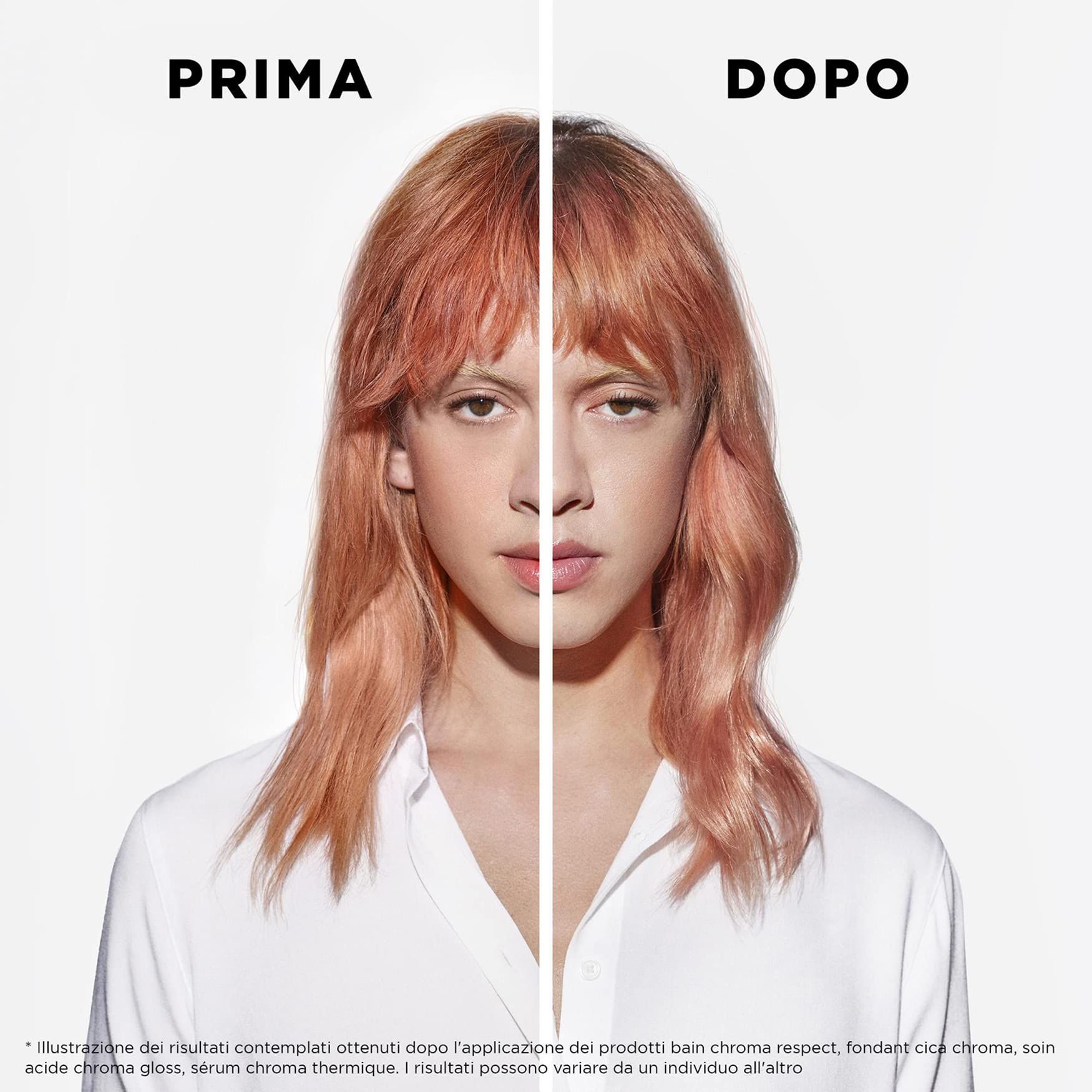 Vorher-Nachher-Vergleich. Frau mit gefärbtem Haar. Links: Prima. Rechts: Dopo. Text: Bain Chroma Respect.