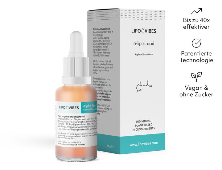 Fläschchen mit Flüssigkeit und Verpackung. Aufschrift: LipoVibes, Alpha-Liponsäure. Vegan, ohne Zucker, patentierte Technologie.