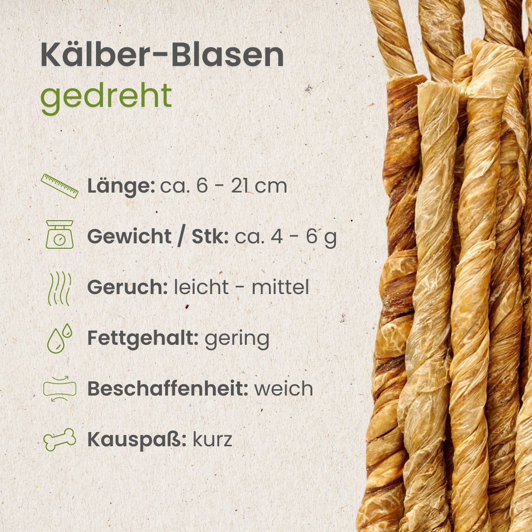 Tüte mit gedrehten Kälberblasen-Kauartikeln für Hunde, 100% Kalb, mit Nährwertangaben.