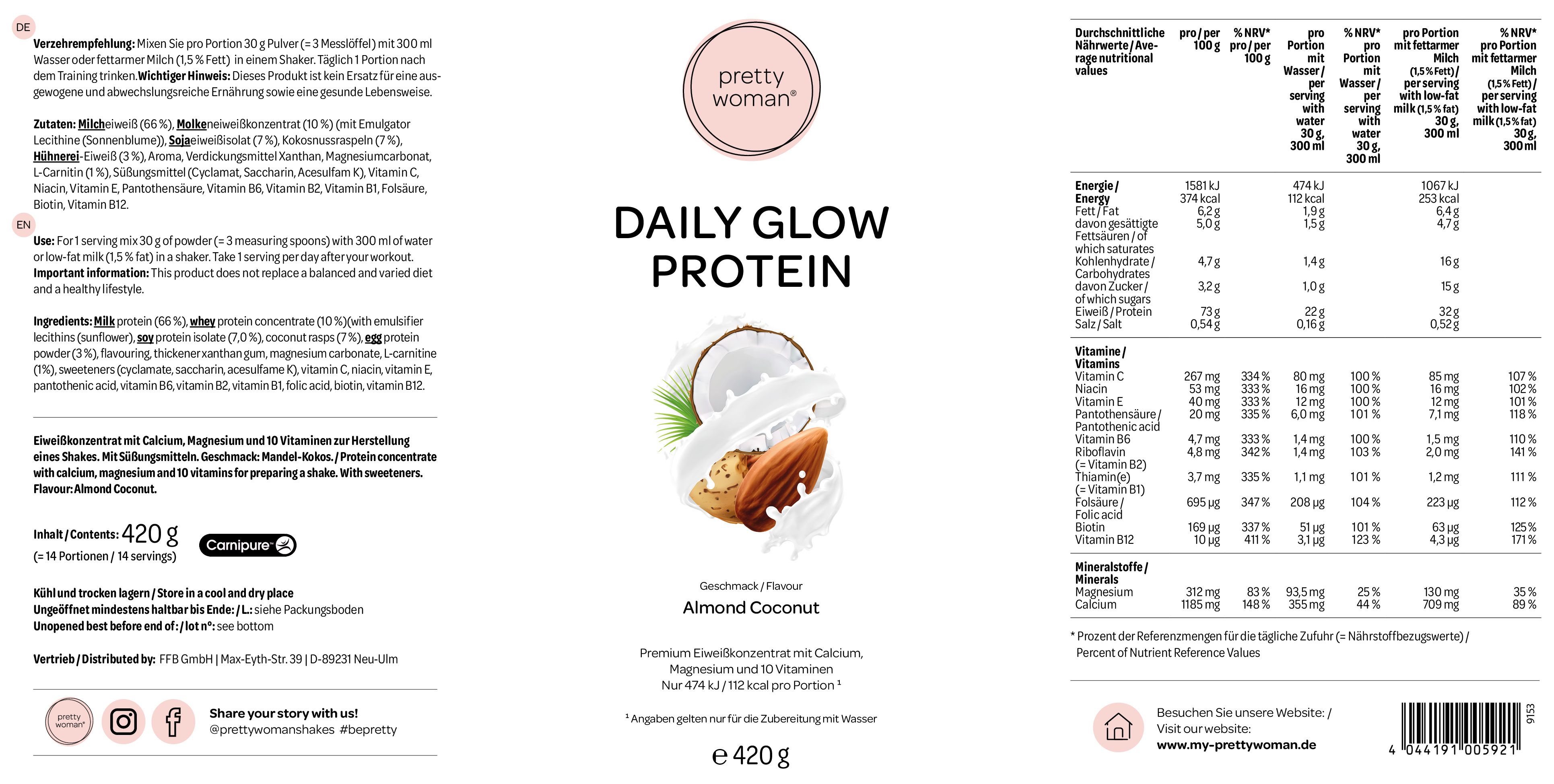 Etikett für Daily Glow Protein. Marke: Pretty Woman. Geschmack: Mandel-Kokos. Enthält Nährwertangaben und Zutatenliste. 420g.