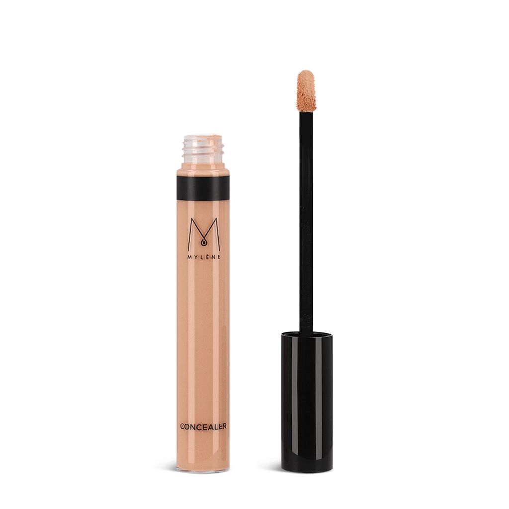 Beige Concealer-Tube mit schwarzem Deckel und Applikator. Marke Mylène, Schriftzug CONCEALER.