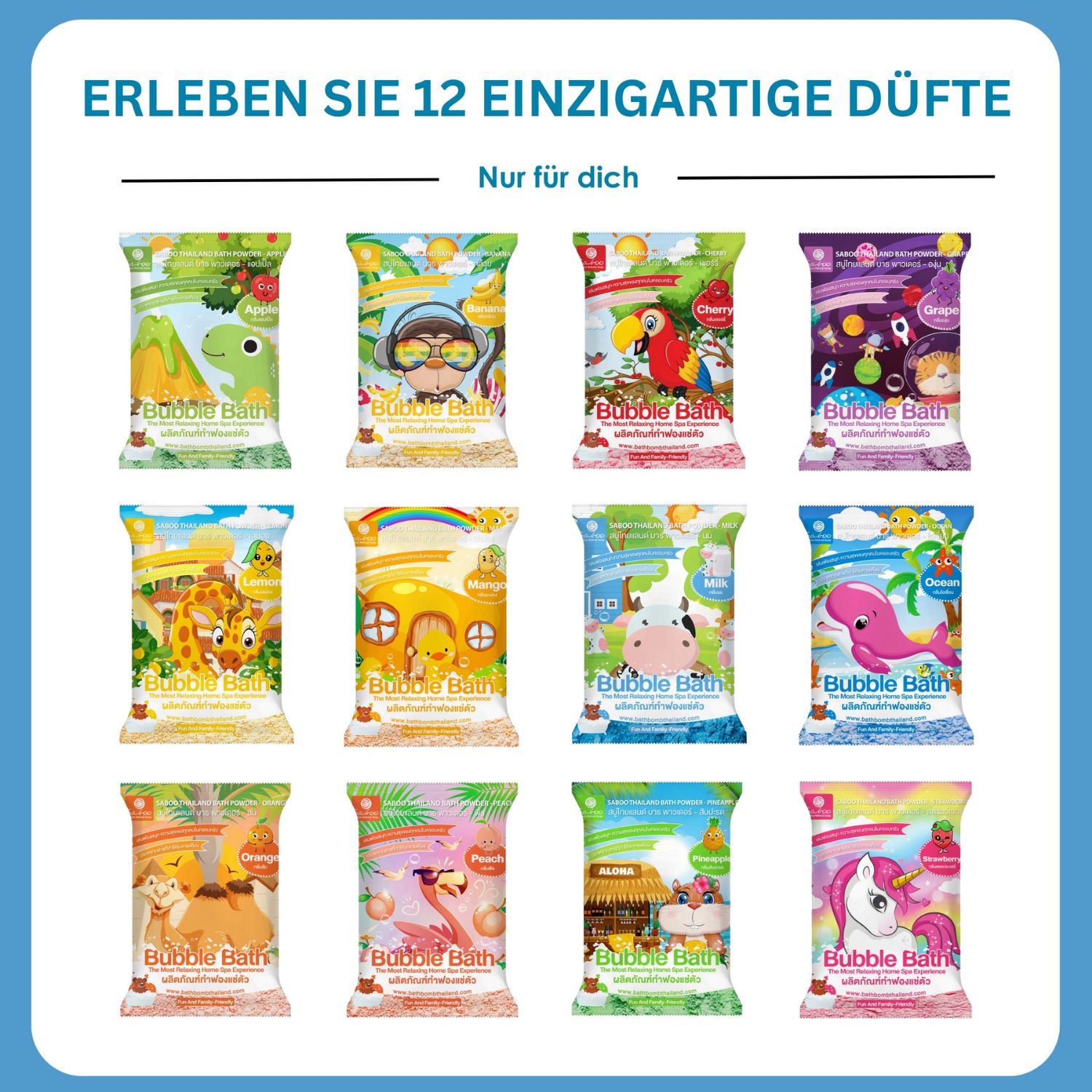 12 verschiedene Verpackungen von SABOO Bubble Bath. Illustrationen mit verschiedenen Designs.