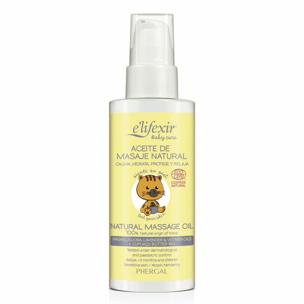 Elifexir Baby Care Massageöl-Flasche mit gelbem Etikett. Enthält Illustration eines Kätzchens. Text: Aceite de Masaje Natural.