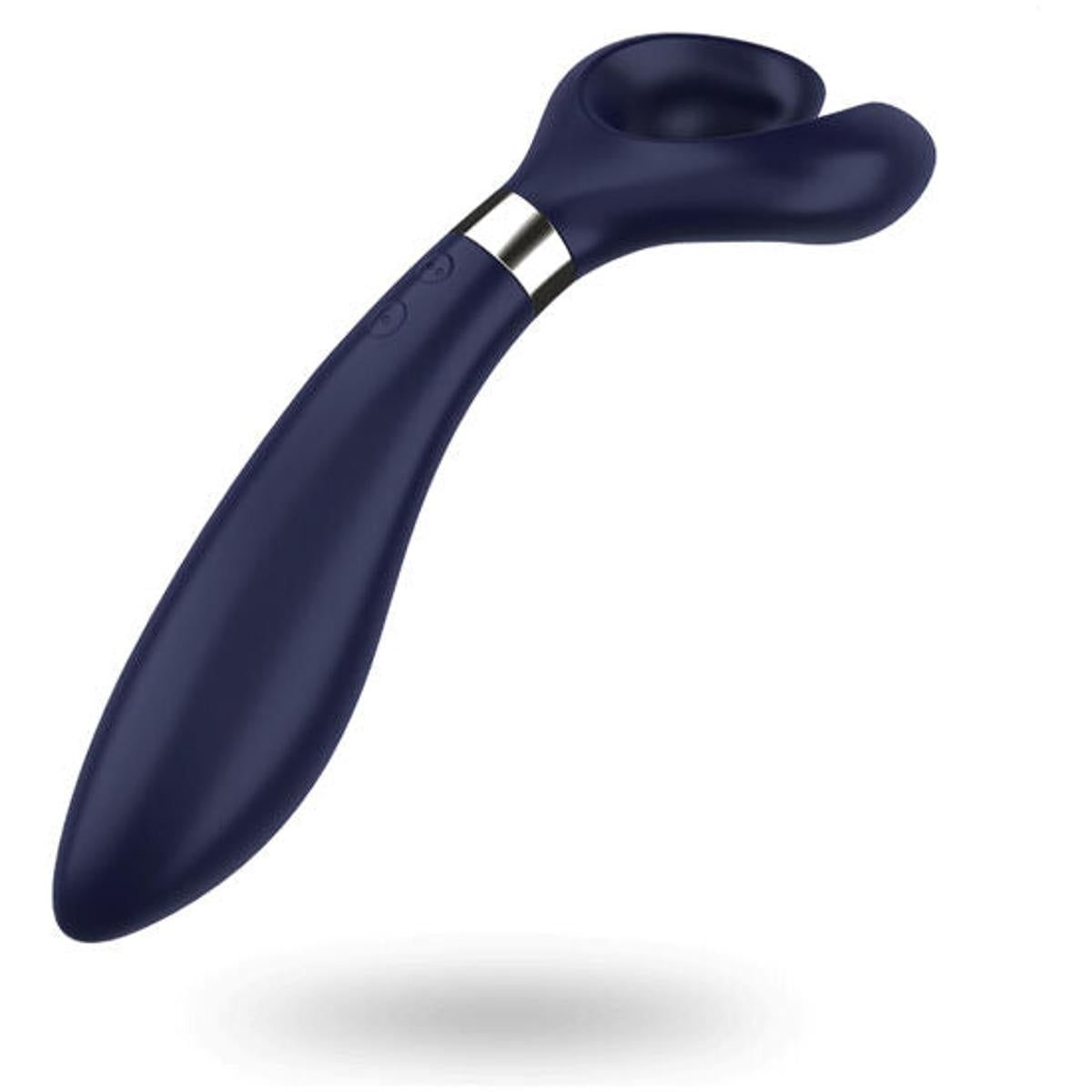 Dunkelblauer Paarvibrator mit gebogener Form. Oberteil mit zwei Aussparungen, silberfarbener Ring und zwei Knöpfe.