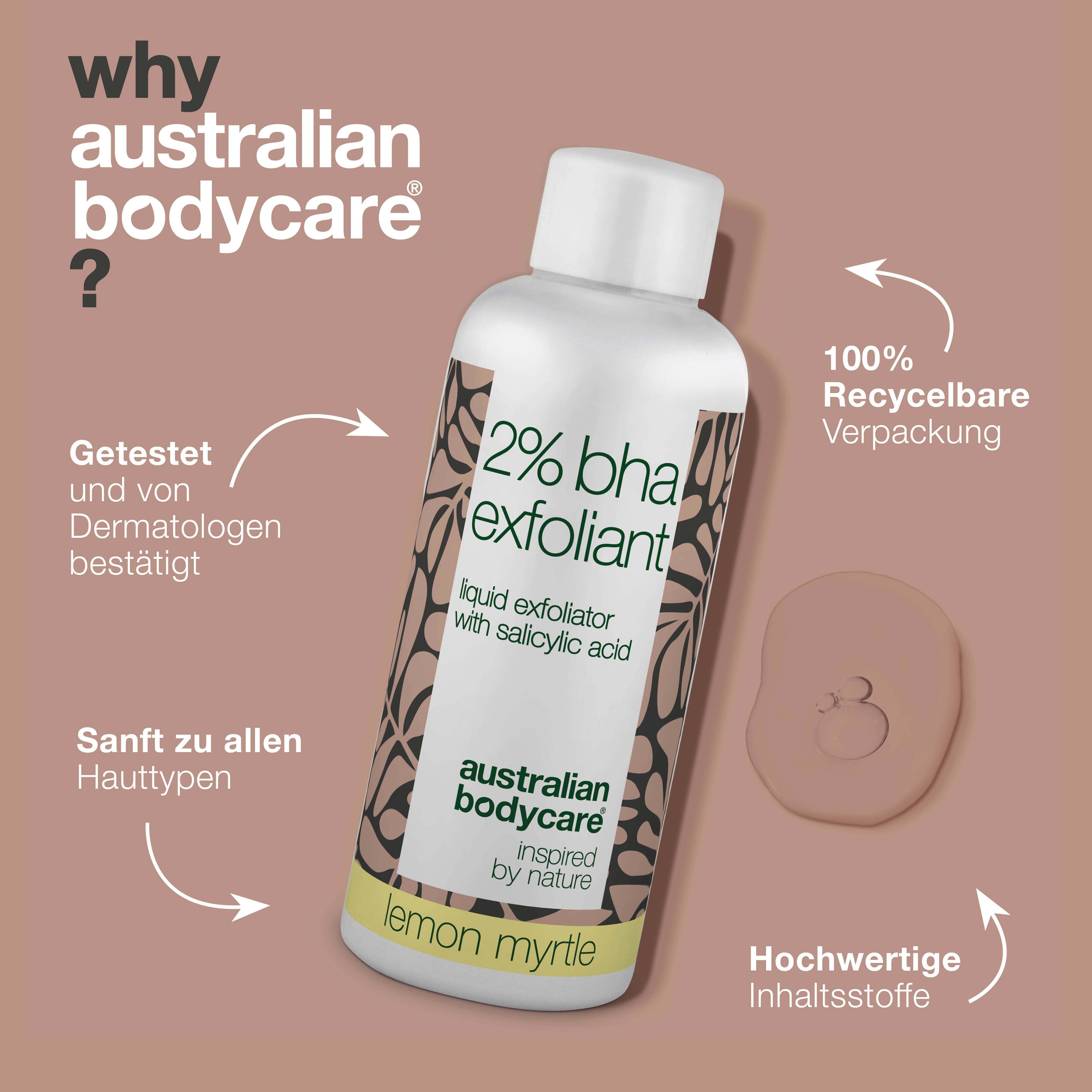 Flasche mit „2% BHA“. Text: Getestet, 100% recycelbare Verpackung. Marke: Australian Bodycare.