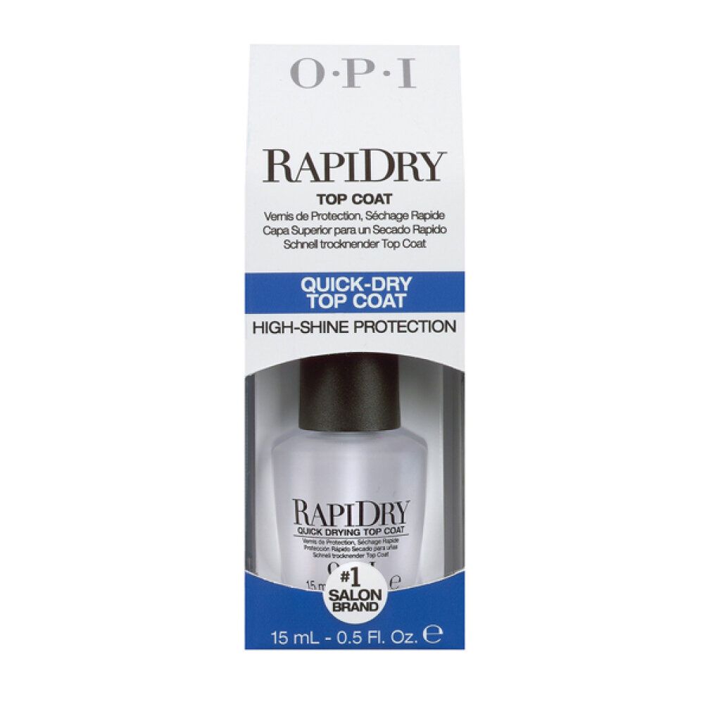 OPI Rapidry Top Coat in Verpackung. Verpackung mit Produktabbildung. Aufschrift: Rapidry, OPI, Quick-Dry Top Coat, 15 ml - 0.5 fl. oz.