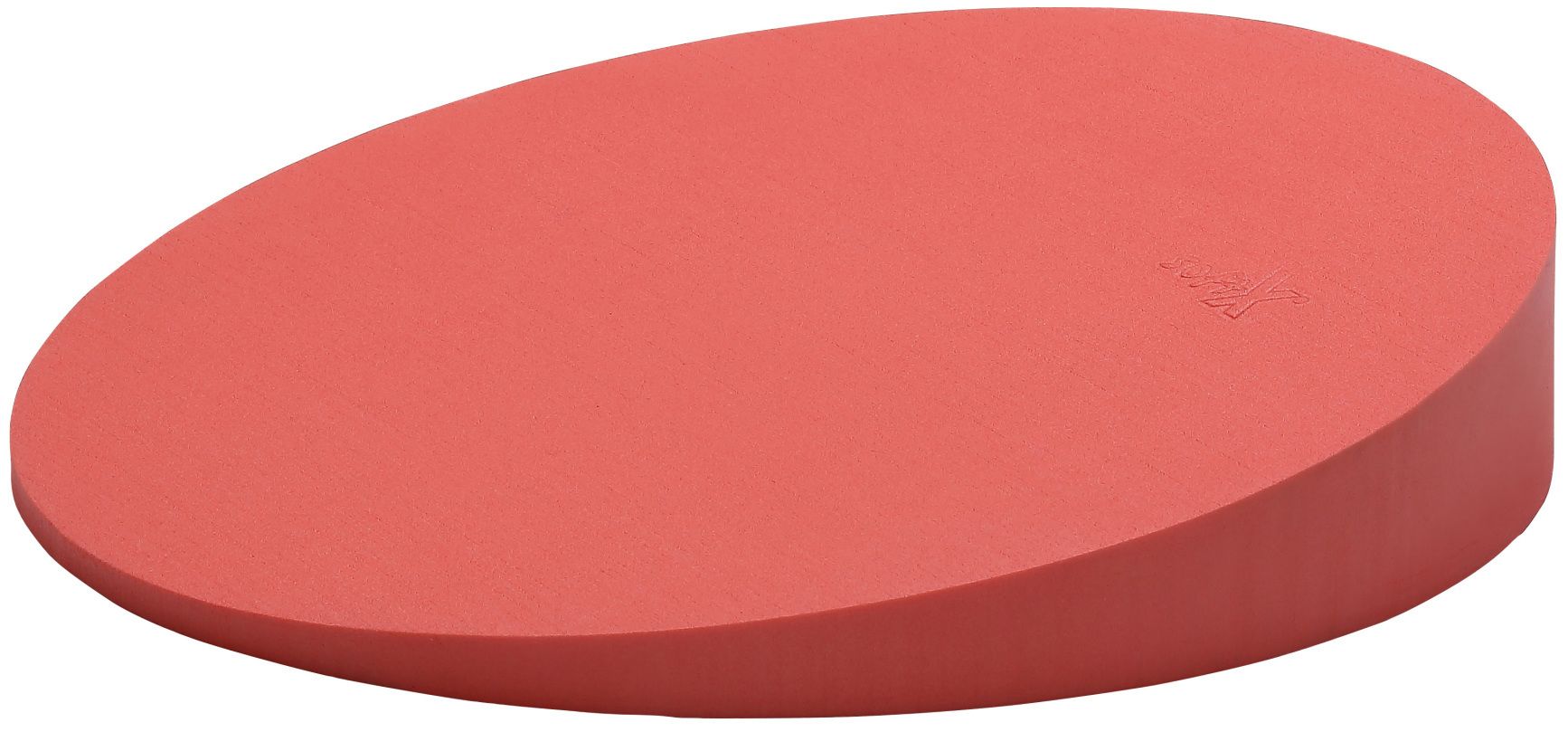 Rotes, rundes Sitzkeilkissen. Schräge Form. Oberseite flach, Unterseite abgeschrägt. Keine weiteren Merkmale sichtbar.