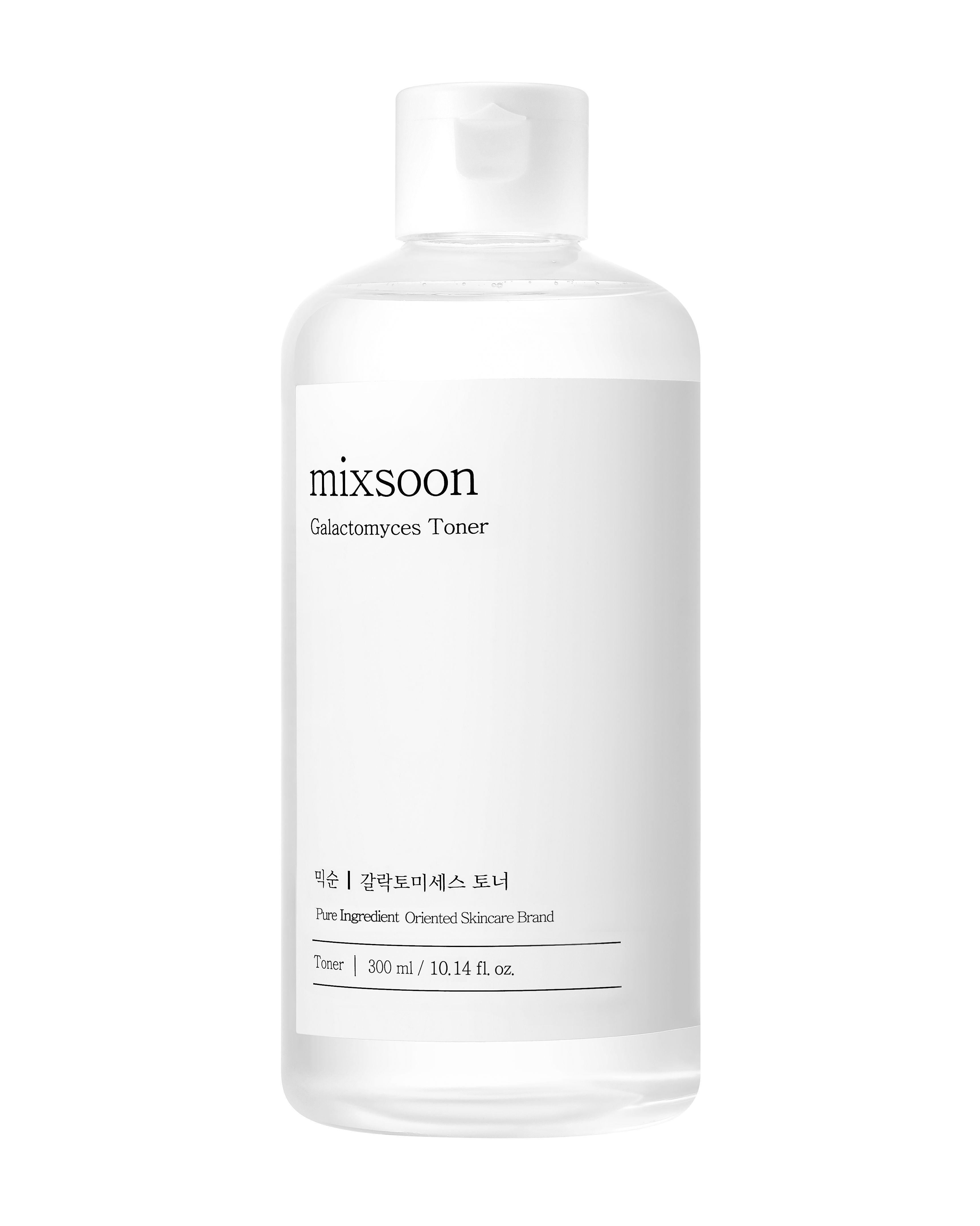 Klare Flasche mit weißem Etikett. Aufschrift: mixsoon Galactomyces Toner. Untertitel und Volumenangabe.