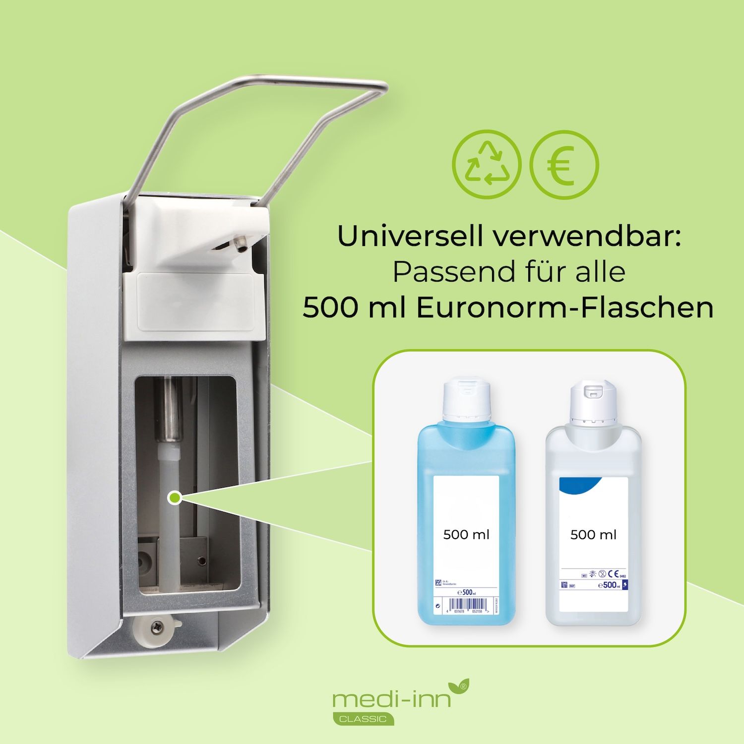 Medi-Inn Wandspender Aluminium, langer Armhebel, mit Verschlussblende, für 500 ml Euroflaschen