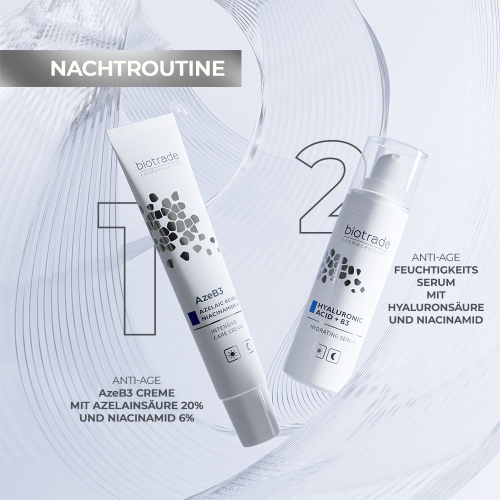 Zwei Produkte: Weiße Tube AzeB3 Creme und Flasche Hyaluronsäure Serum. Aufschrift: Biotrade. Text: AzeB3 Creme, Hyaluronsäure Serum.