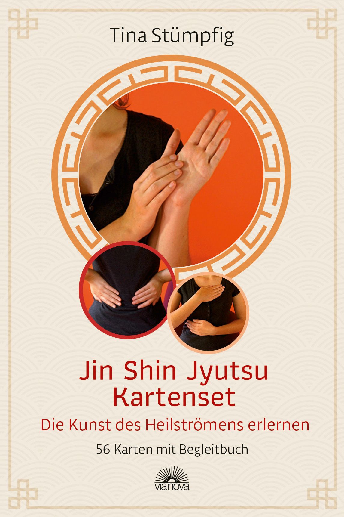 Buchcover mit Titel Jin Shin Jyutsu Kartenset. Autorin Tina Stümpfig. Abbildungen von Händen und Körpern. 56 Karten mit Begleitbuch.