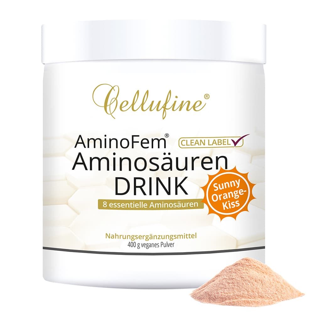 Weißer Behälter mit Cellufine AminoFem Aminosäuren Drink. Orangefarbenes Pulver daneben. Text: 8 essentielle Aminosäuren, Sunny Orange Kiss.