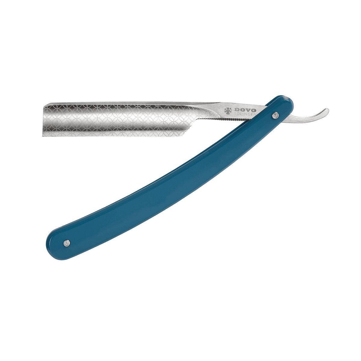 Rasierer mit blauem Griff und silberner Klinge. DOVO-Logo sichtbar. Detailansicht.