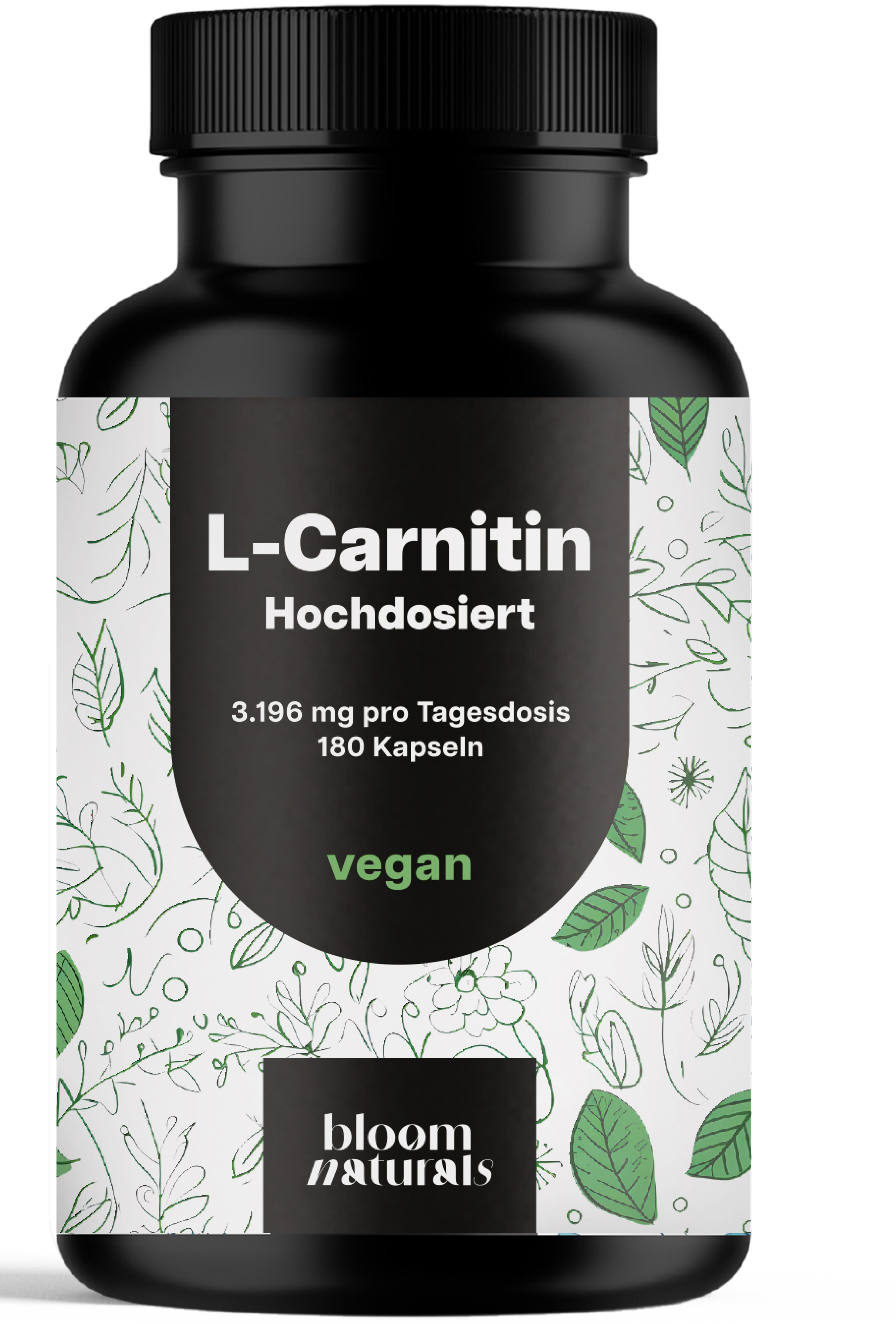 Schwarze Flasche mit L-Carnitin Kapseln. Aufschrift: L-Carnitin, hochdosiert, 3.196 mg pro Tagesdosis, 180 Kapseln, vegan. Marke: Bloom Naturals.