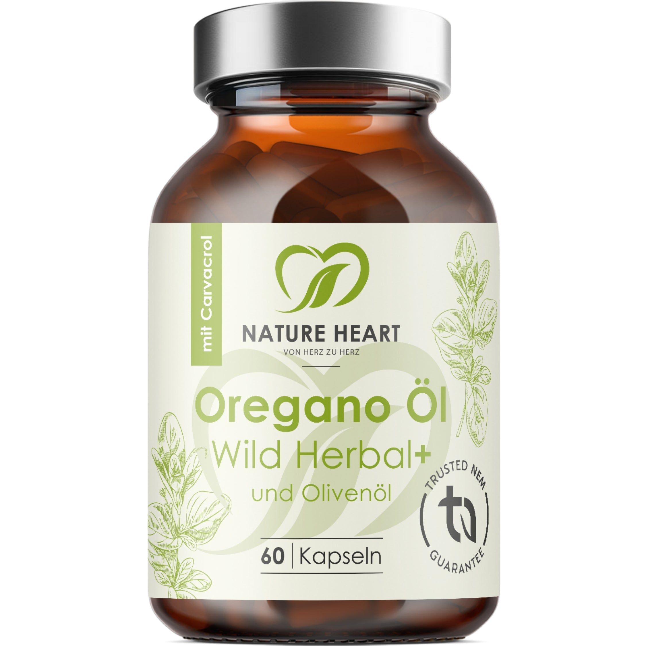 Nature Heart Oregano Öl Wild Herbal+ Kapseln in Braunglasflasche mit silbernem Deckel.