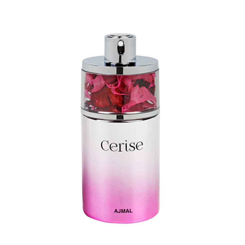 Parfümflakon mit silberner Kappe und rosa Farbverlauf. Der obere Teil enthält Blütenblätter. Aufschrift: Cerise, Ajmal.