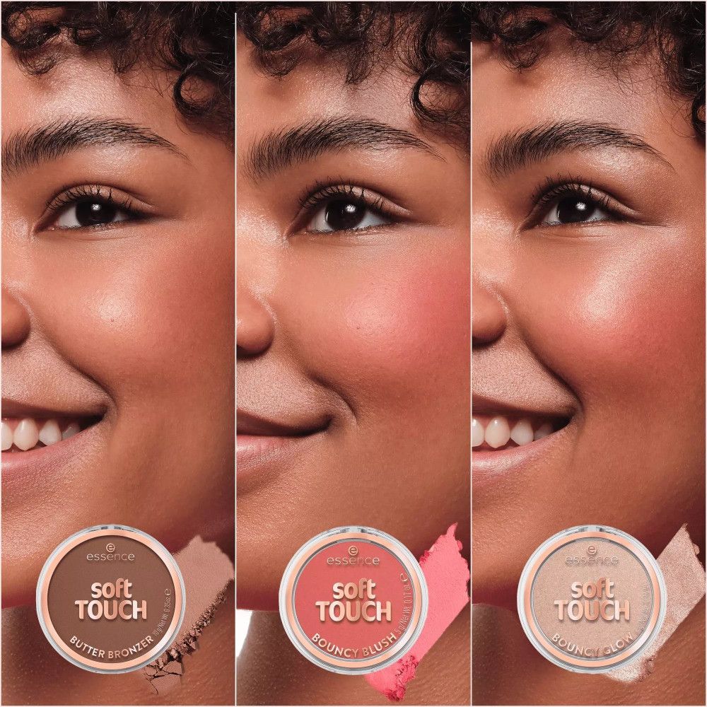 Drei Gesichter mit Rouge-Anwendung. Produkte: Soft Touch. Marke: essence. Verpackung sichtbar.