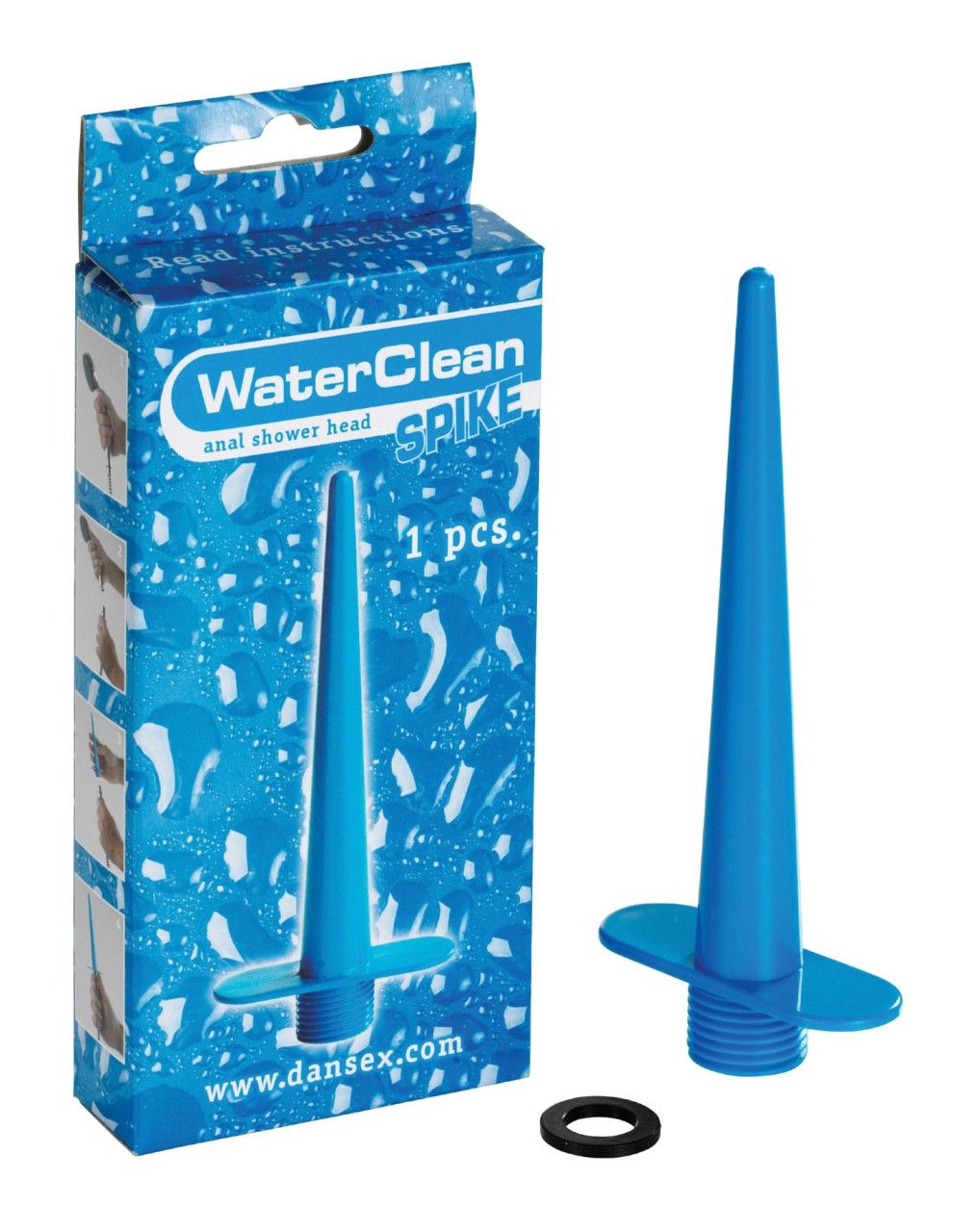 Blauer Duschkopf "Spike" mit Verpackung und separatem Dichtungsring. Verpackung mit Produktname und Logo. Produktname: WaterClean anal shower head SPIKE.