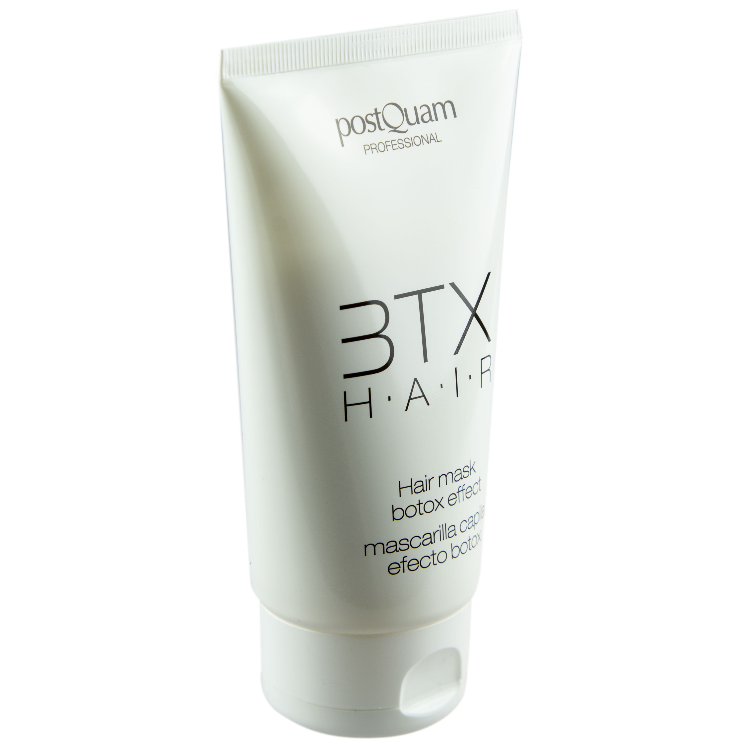 Weiße Tube mit schwarzem Aufdruck. Text: Postquam, 3TX HAIR, Hair mask botox effect, Mascarilla capilar efecto botox.