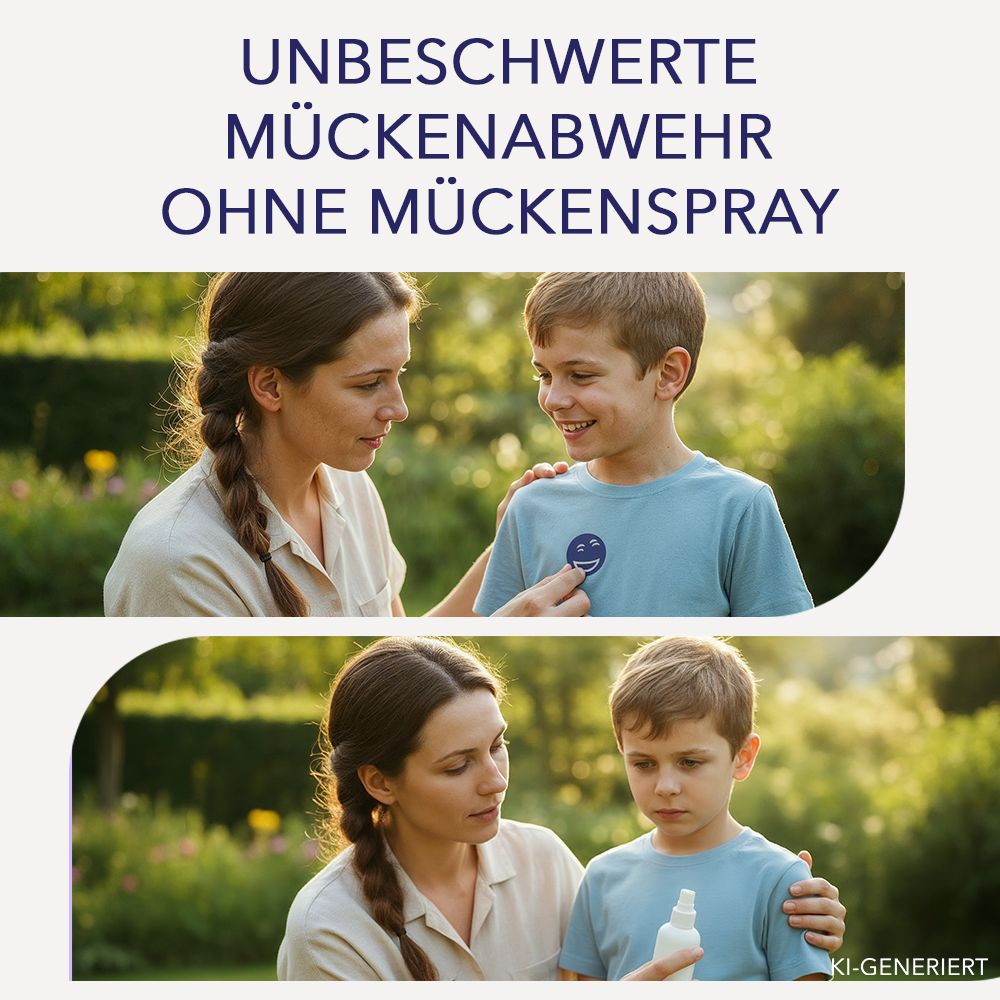 Frau und Kind im Freien, Frau klebt ein Lächeln-Aufkleber auf das T-Shirt des Kindes.