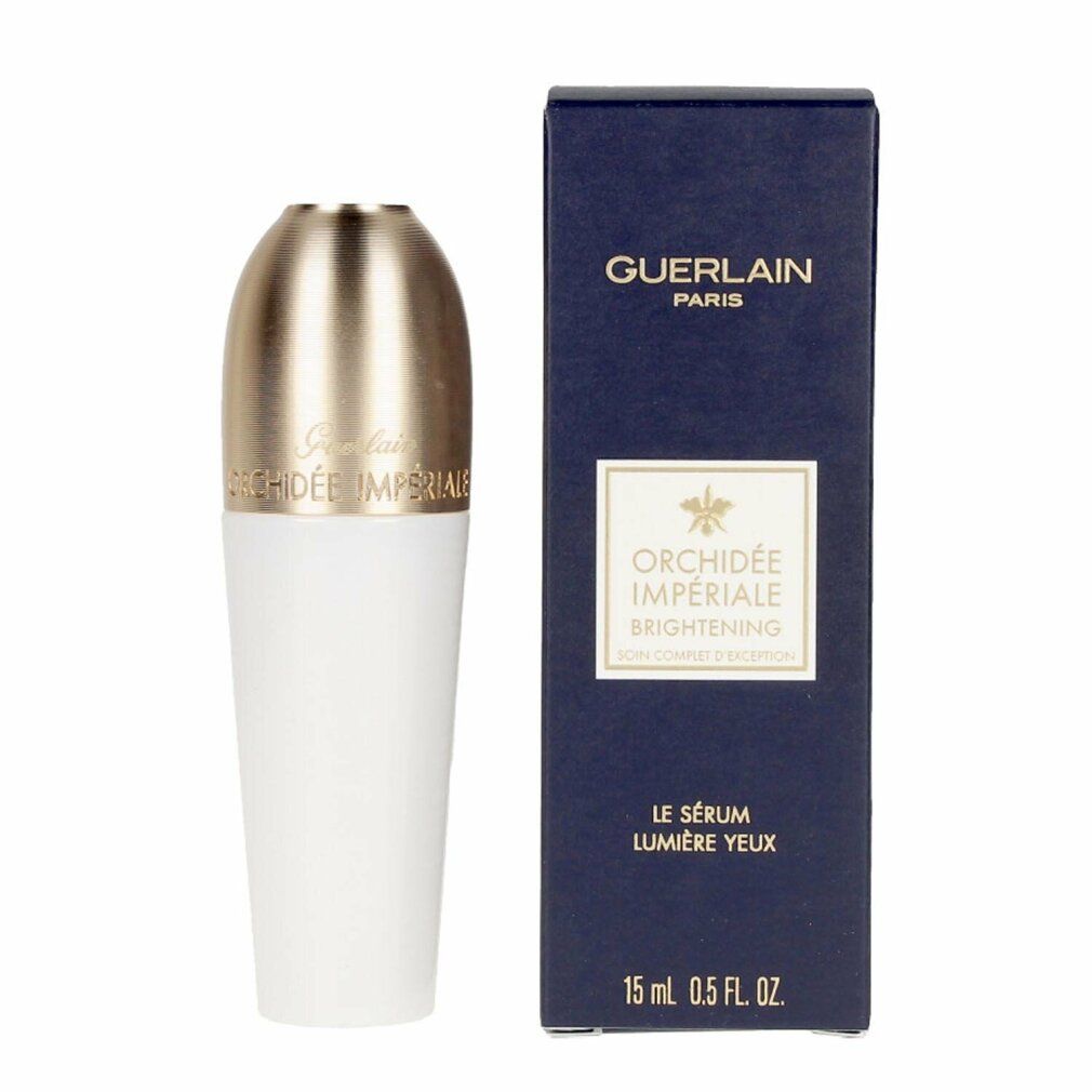 Serum und Verpackung. Serum: weiß-goldfarben. Verpackung: dunkelblau, Schriftzug: Guerlain, Orchide Impriale, 15 ml.