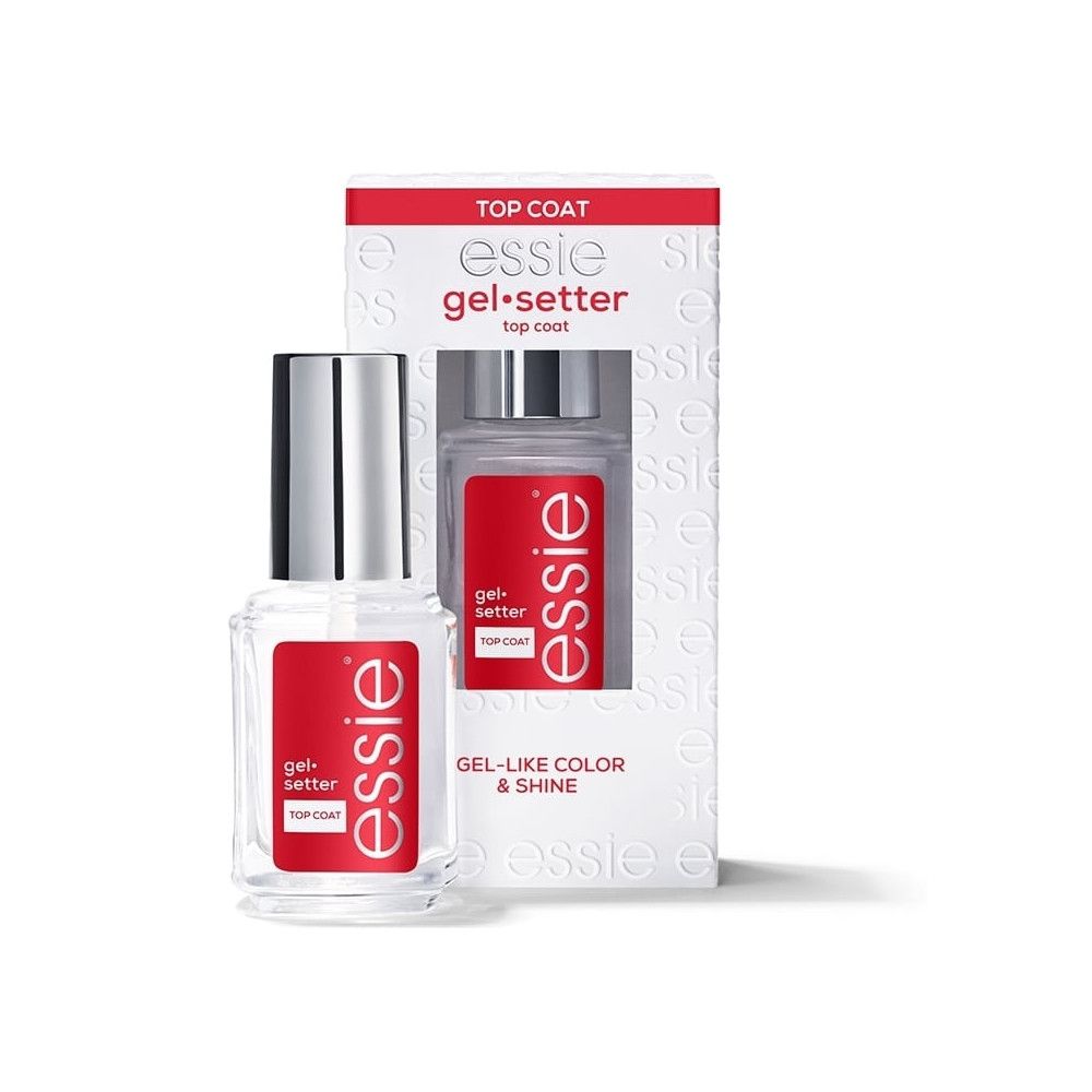 Essie Gel Setter Top Coat. Flasche und Verpackung. Rote Etiketten mit weißer Schrift. Gel-Like Color & Shine.
