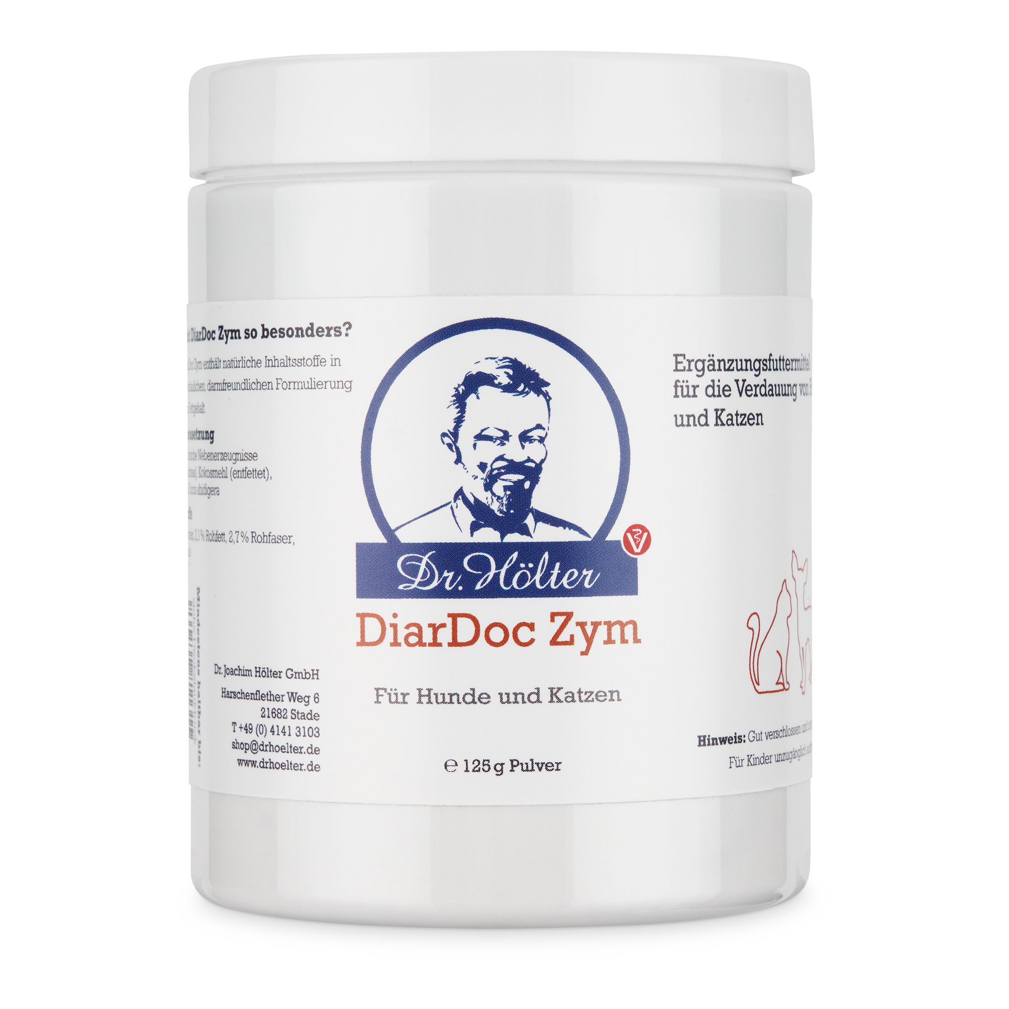 Weiße Dose mit Deckel. Aufschrift: Dr. Hölter DiarDoc Zym, für Hunde und Katzen. Enthält 125g Pulver. Abbildung eines Mannes und Katzen.