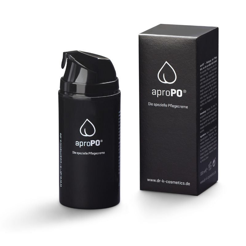 Schwarze Flasche und Schachtel. Aufschrift: aproPO, die spezielle Pflegecreme. Logo: Tropfen-Form.