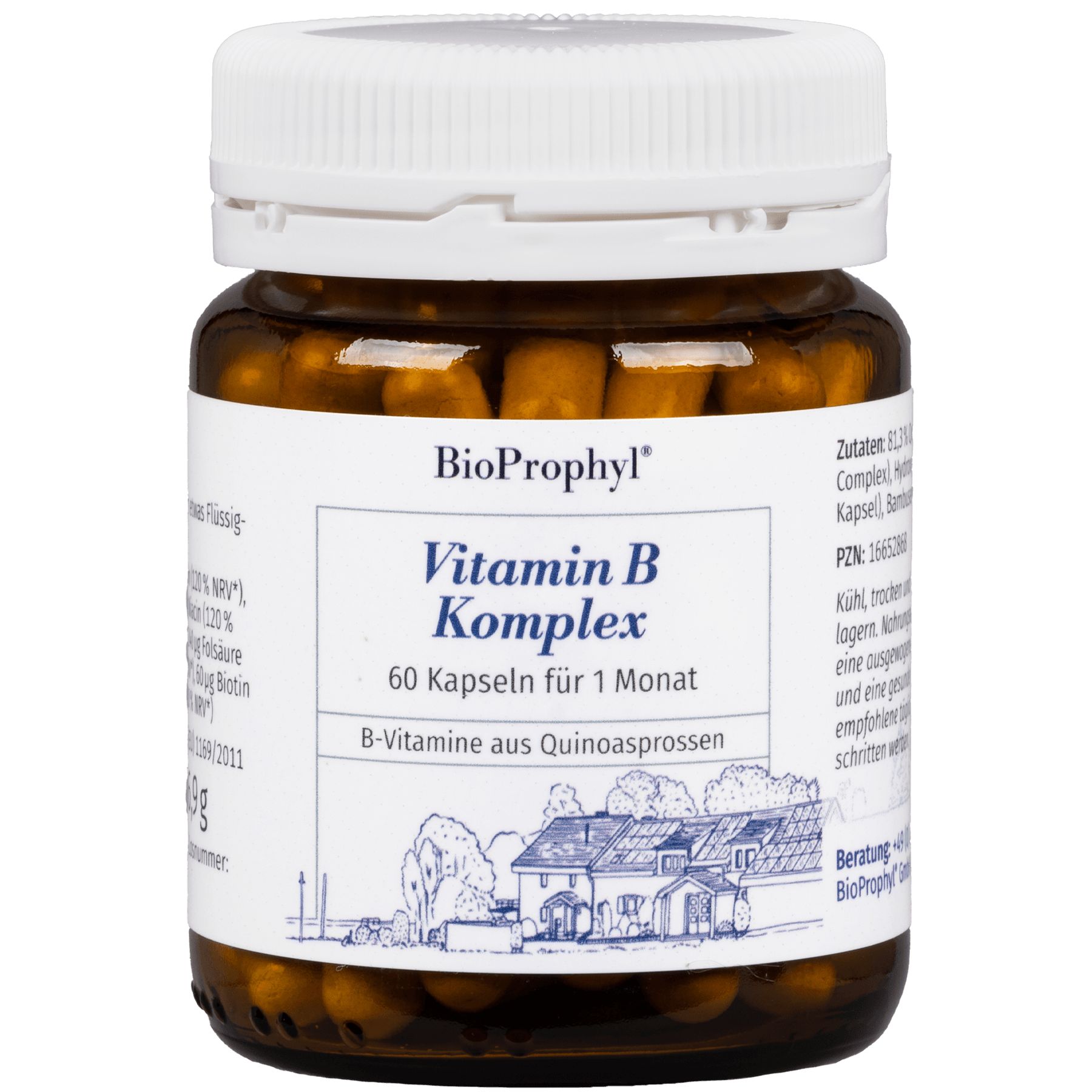 Braune Glasflasche mit weißen Deckel. Auf dem Etikett steht "BioProphyl Vitamin B Komplex". Enthält 60 Kapseln.