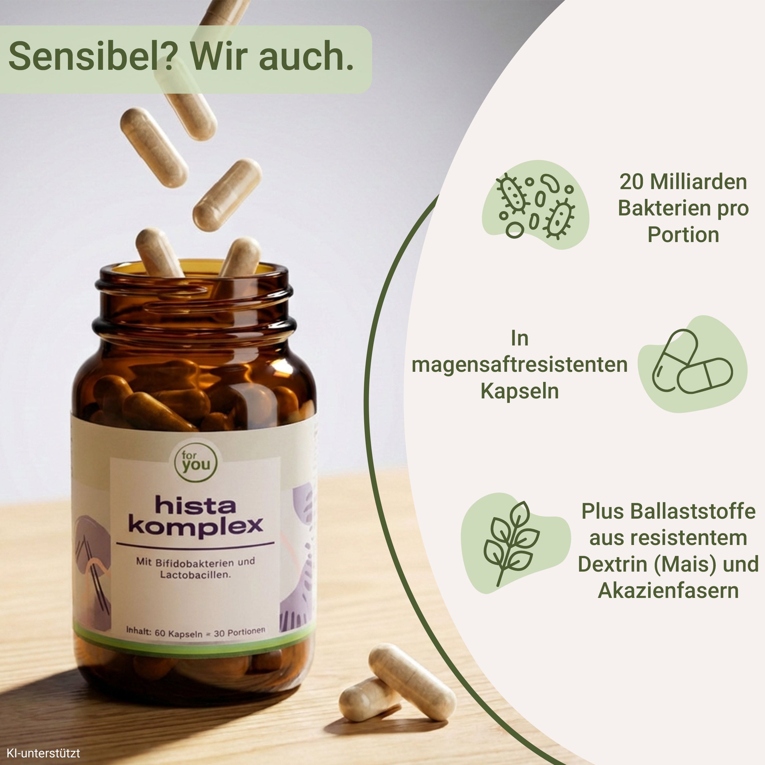 Hista Komplex Kapseln fallen aus einer Flasche, mit Hinweisen zu Bakterienzahl und Kapseltyp.